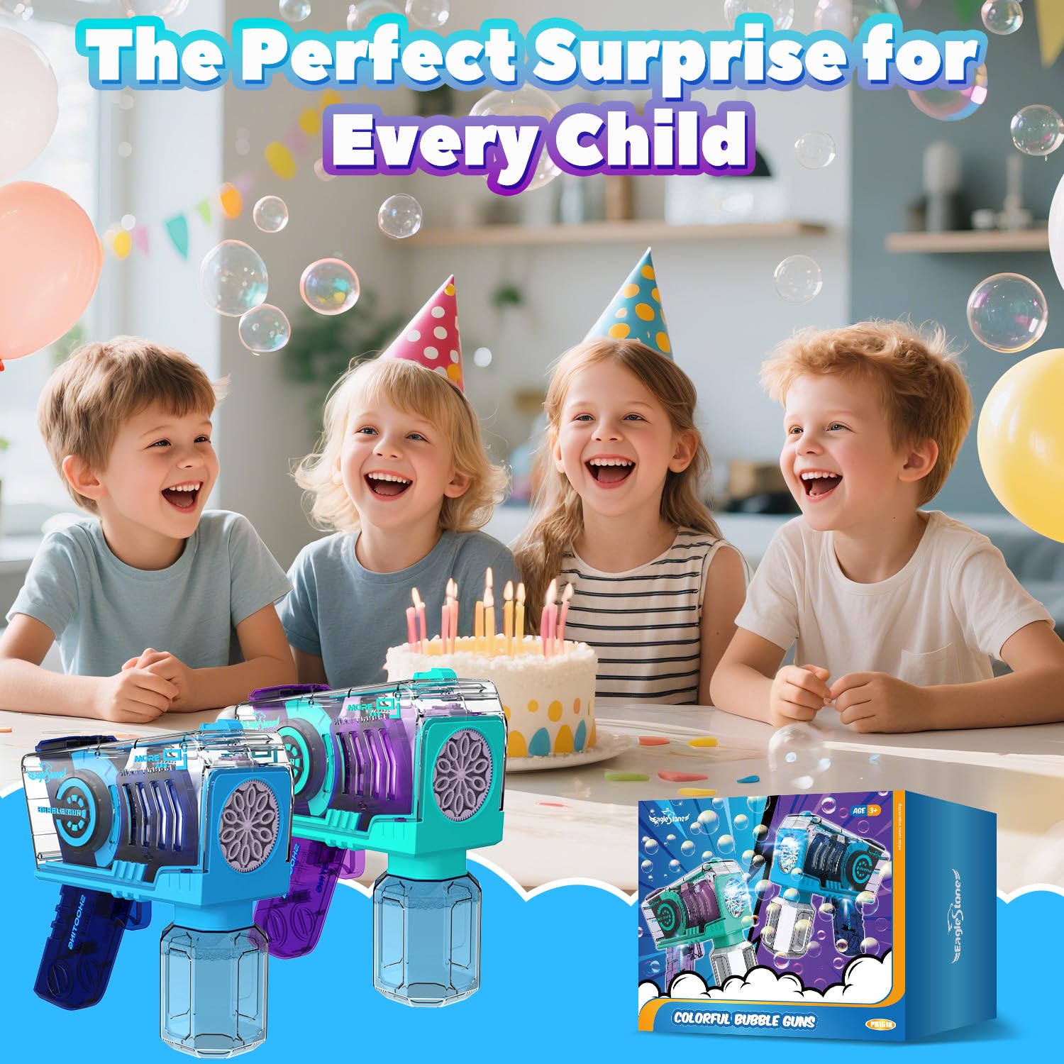 EagleStone 2er-Pack automatische Seifenblasenpistole mit 10 Düsen und LED-Licht, Seifenblasenmaschine für Kinder ab 4 Jahren, Outdoor Seifenblasen Spielzeug für Geburtstag, Party und Geschenk