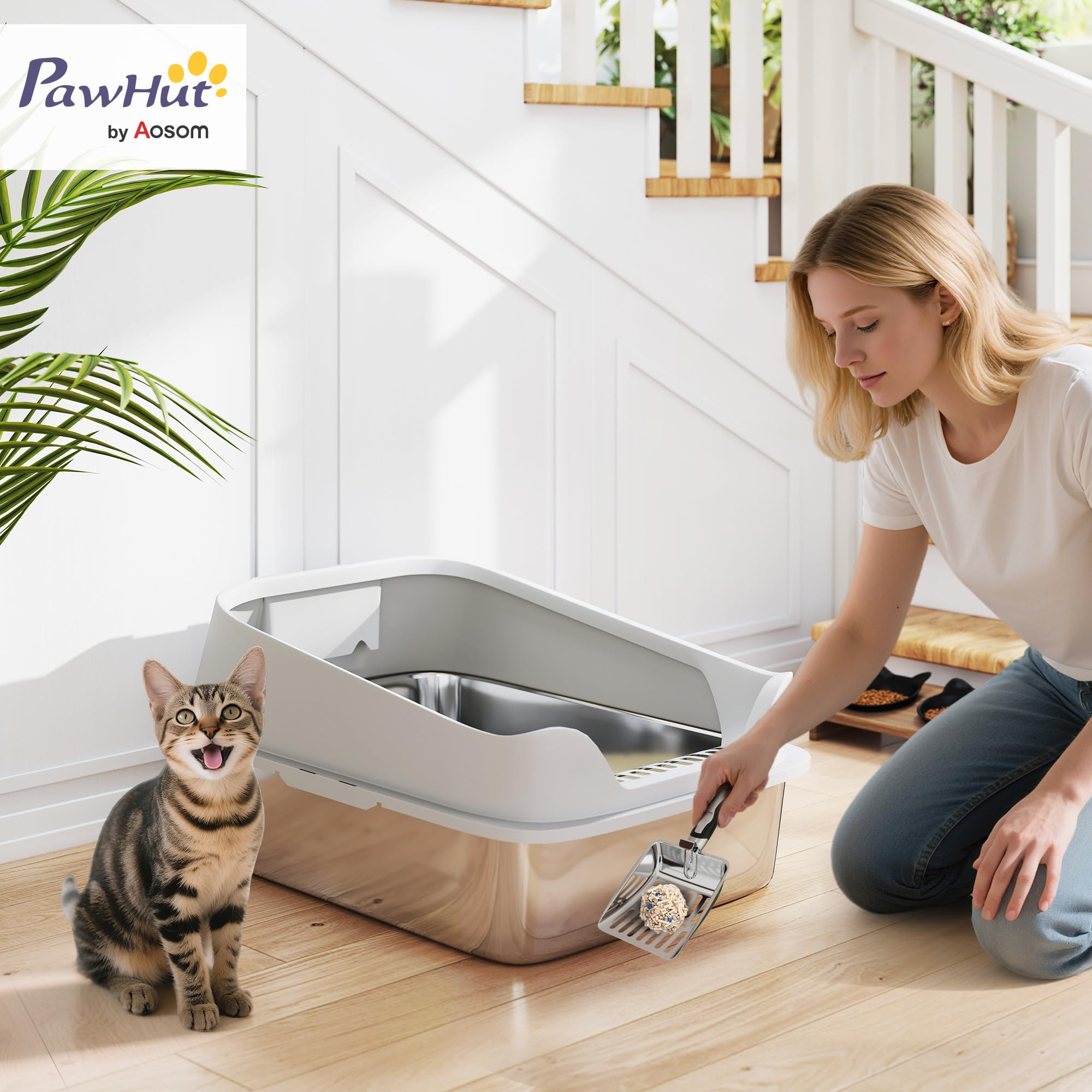 PawHut Arenero para Gatos de Acero Inoxidable XL, 60,2x40,2x29,7 cm, Gris | Caja de Arena para Gatos, Arenero con Borde Alto, Pala Metálica, Fácil de Limpiar, Prueba de Fugas