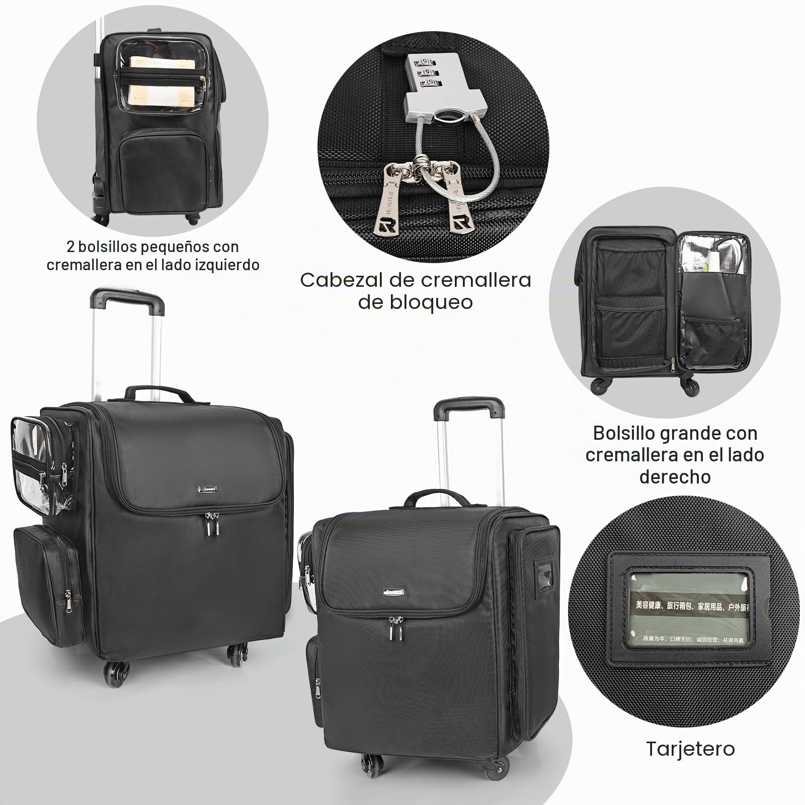 Rolling neceser, bolsa de viaje de peluquería con 4 ruedas, aislamiento térmico capa completa, divisor ajustable, herramientas para el cabello y cosméticos organizador de almacenamiento maleta carro