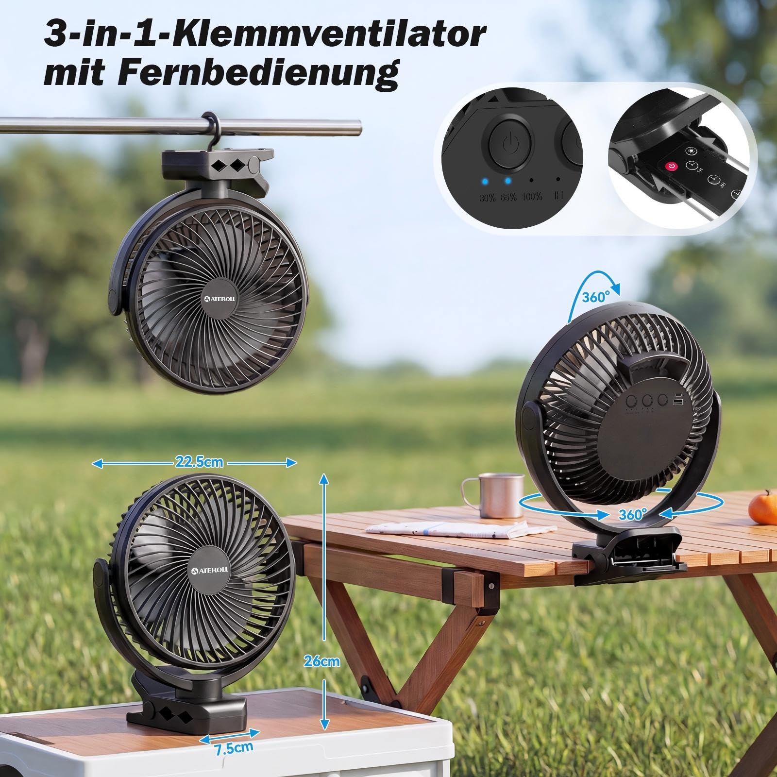 Ateroll 10000mAh Clip Ventilator mit Fernbedienung, 20CM 3 Geschwindigkeiten USB Akku Timer LED 360° drehbar Tischventilator