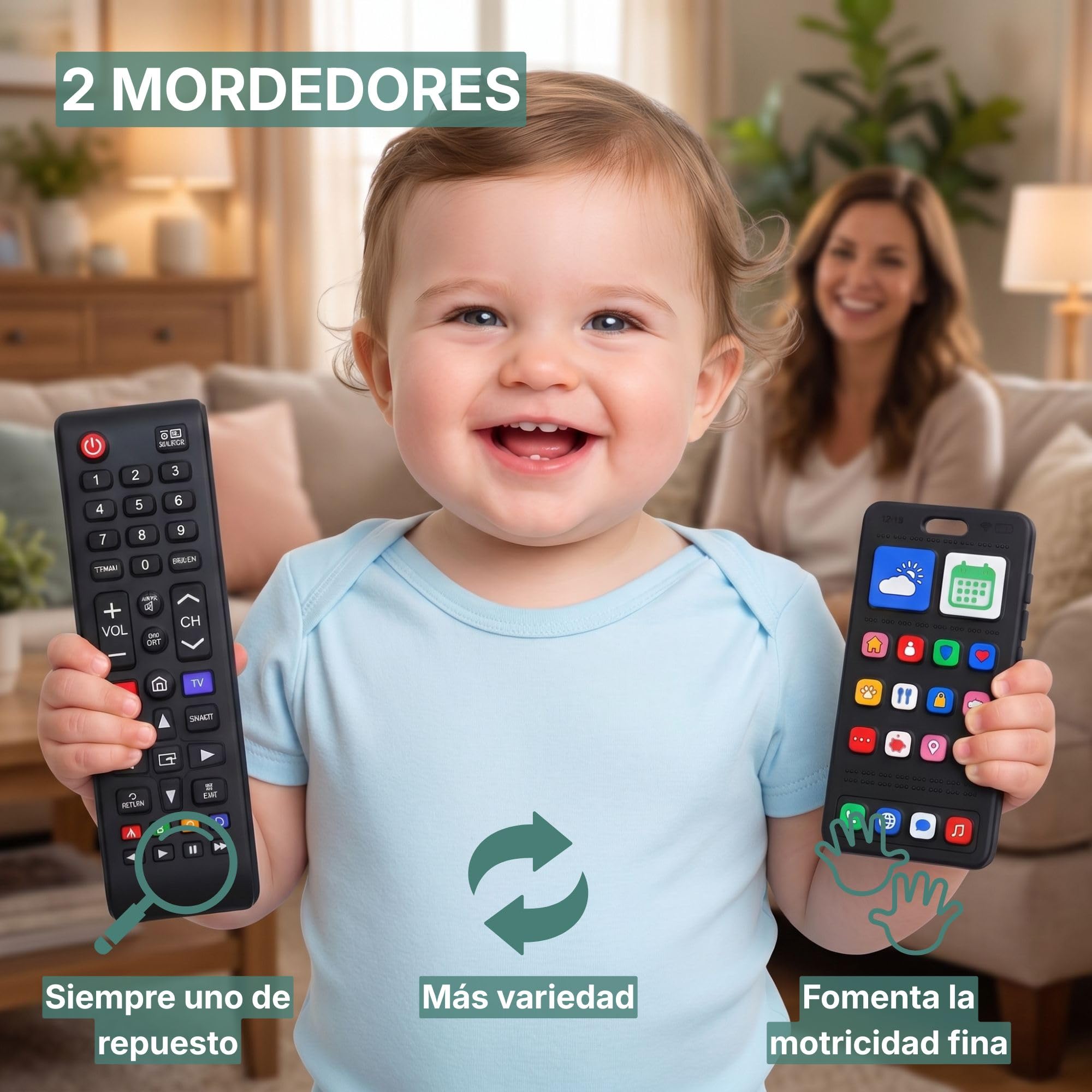 Mando a distancia para bebé y teléfono para bebé - Juguete realista sin electrónica - Mordedor de silicona 100% para niños y niñas - Sin BPA - Broemba® Bari