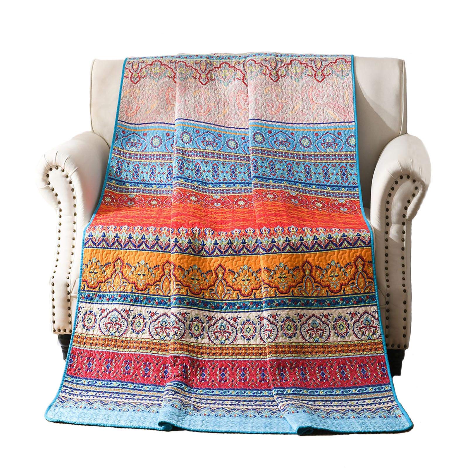 Qucover Quilt Throw Blanket - Lightweight Microfiber Red, Orange and Blue Striped Floral Boho Quilts, Reversible Bohemian Quilt Bed Spread for Twin Bed and Couch, 59” x 79”