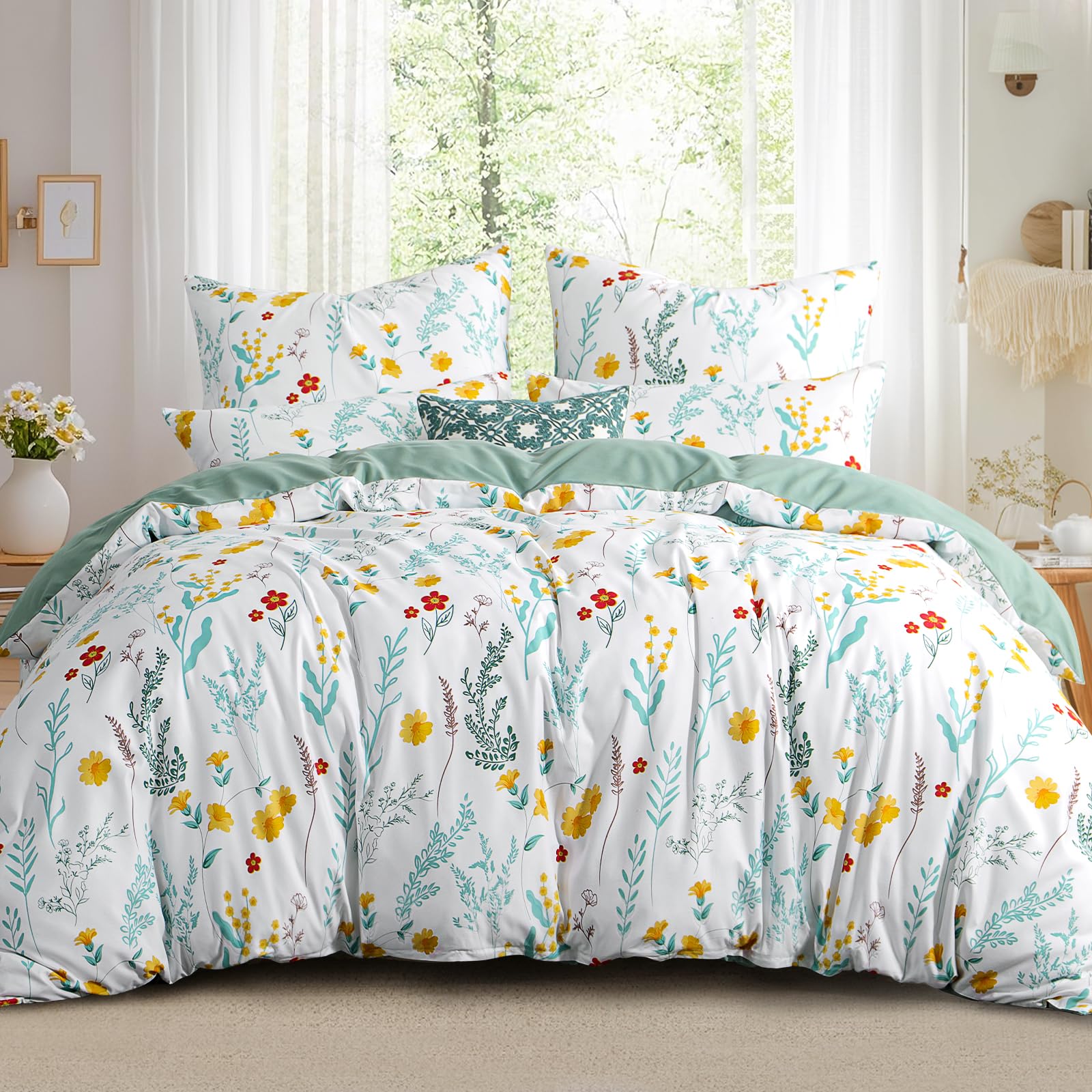 RUIKASI Bettwäsche 220x240 Blumen Salbei Grün - 3teilig Blumenmuster Bettbezug 240x220, Mikrofaser Floral Bettwäsche-Sets mit 2 Kissenbezügen 80x80cm Reißverschluss, Weich und Bügelfrei