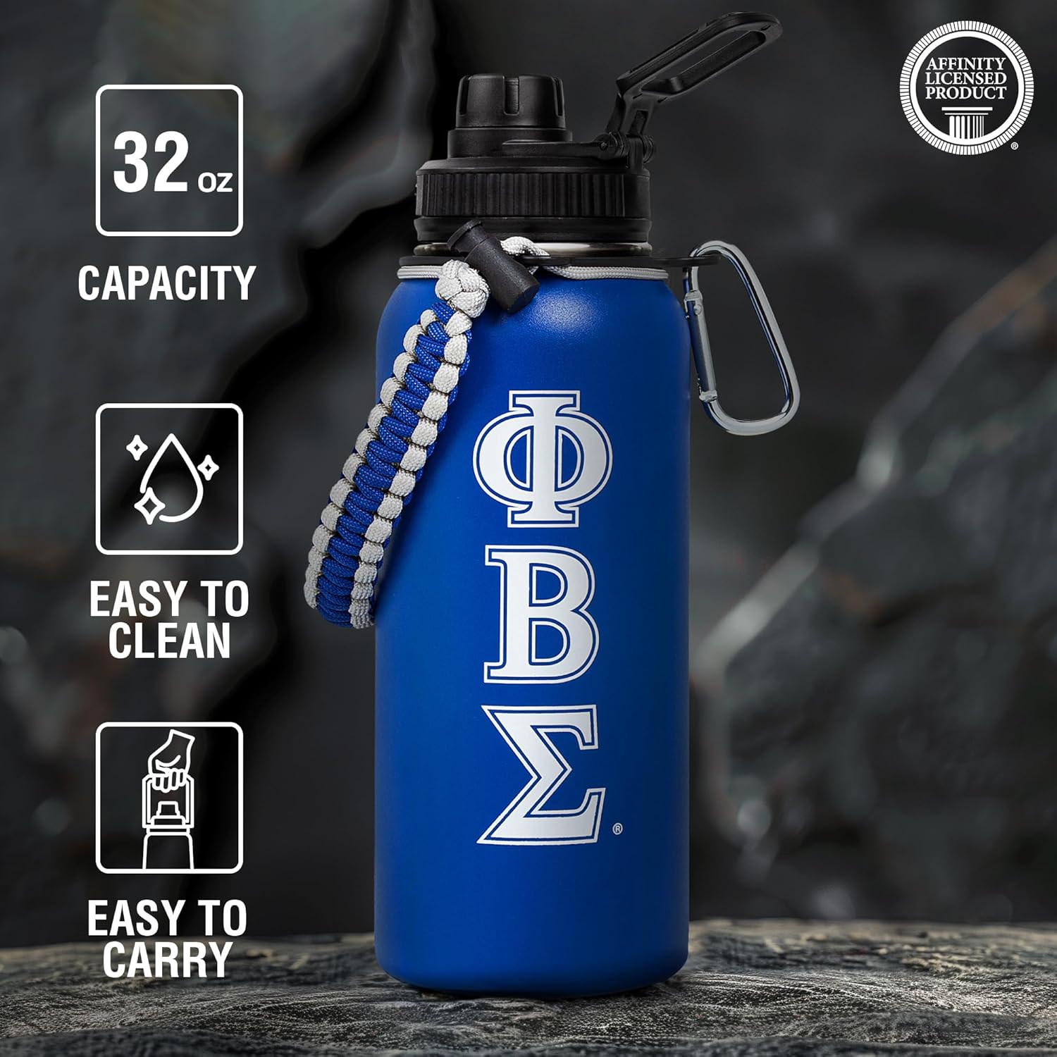 BBGreek Phi Beta Sigma Paraphernalia – Official Vendor – 32oz Rugged Tumbler with Paracord Carabiner - Greek Letters