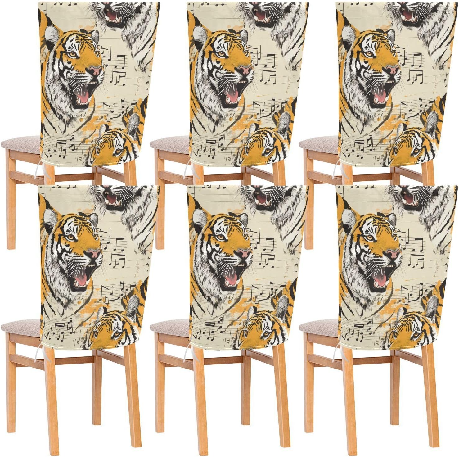 ALAZA Tiger Stripes and Music Notes Chair Back Cover Set of 6, Washable Reusable Removable Chair Slipcovers Decorative Chair Cover for Home Kitchen Wedding Party