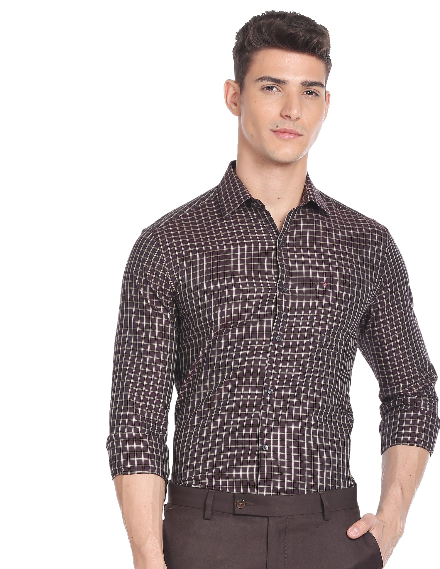 Men's Checkered Full Sleeve Slim Fit Cutaway Collar Cotton Formal Shirt (ARADOSH1309_Maroon_42)