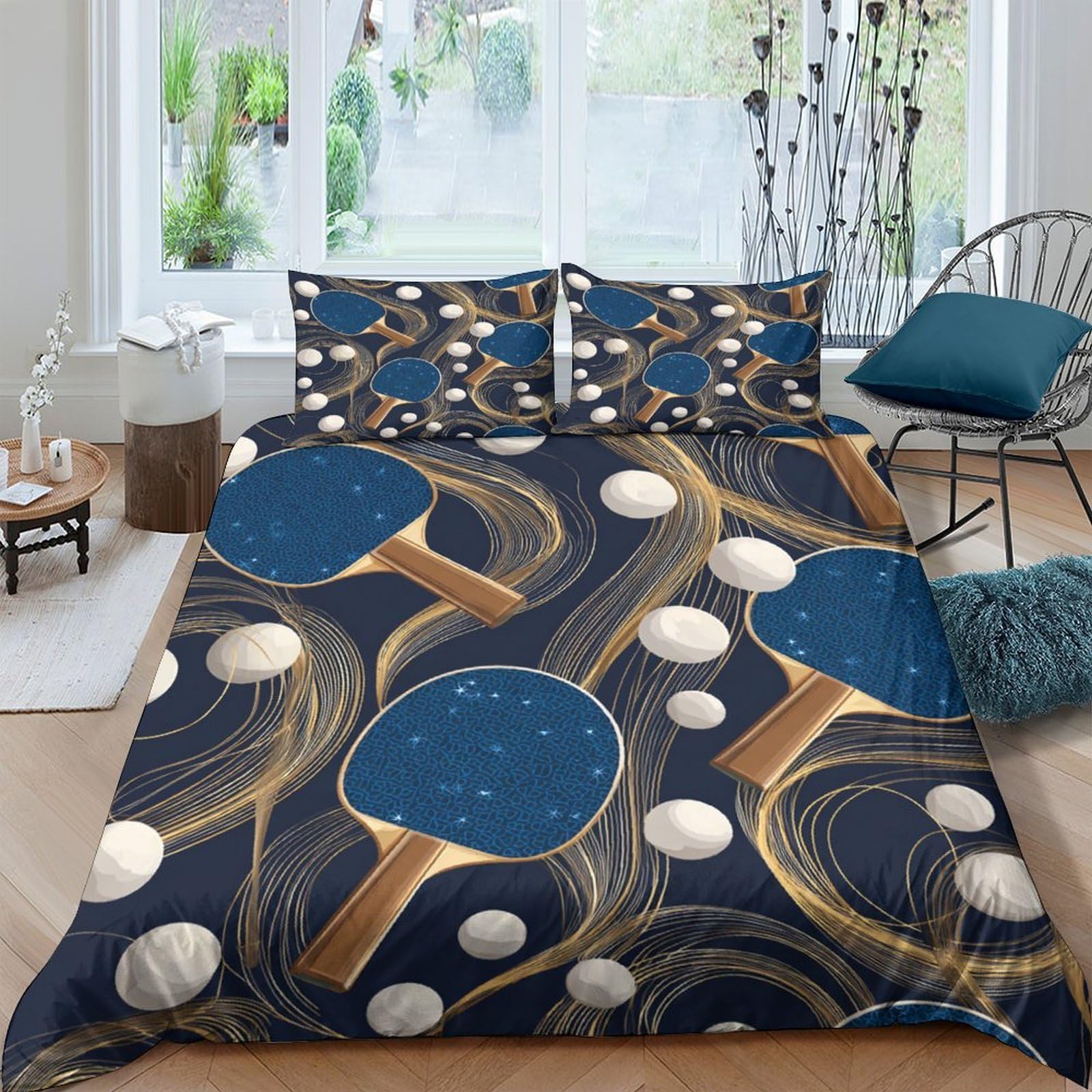 GPLZQXKJNH 3D Printed Table Tennis Duvet Cover Set Microfiber Soft Breathable Ping Pong Quilt Cover with 2 Pillowcases for Bedroom Decor Single（135x200cm）