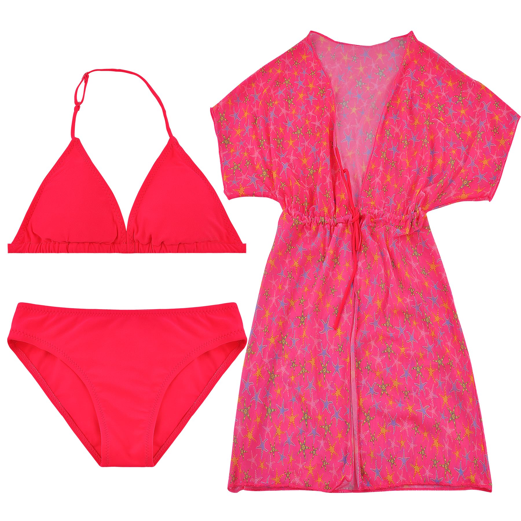 Power Flower Conjunto de Natación para Niñas Traje de Baño de Tres Piezas con Bikini y Cubierta para Niñas de 8 a 16 Años (12-14 Years, LA581-Red)