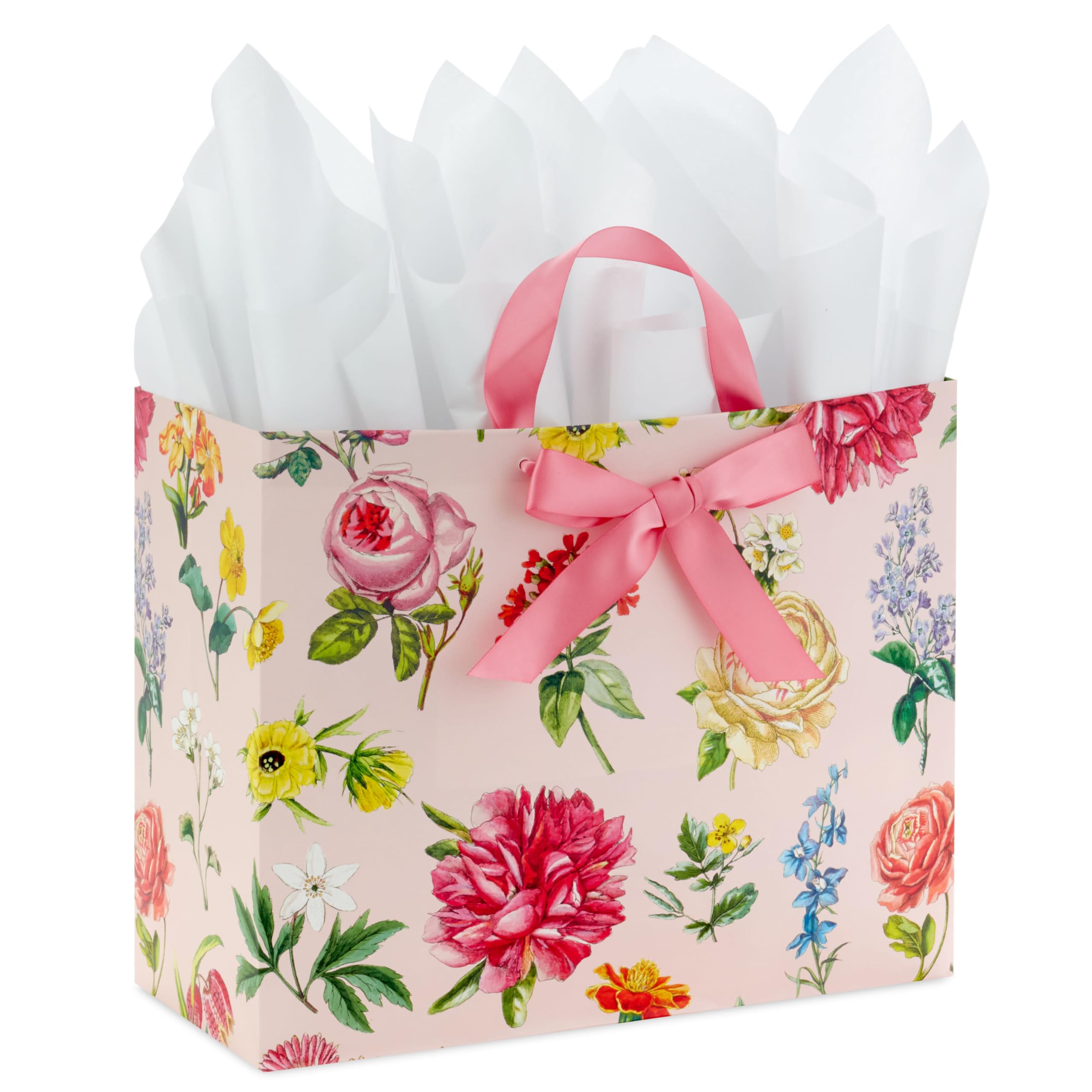 10" Large Mother's Day Gift Bag with Tissue Paper (Vintage Floral with Pink Bow) for Easter, Bridal Showers, Graduations, New Moms