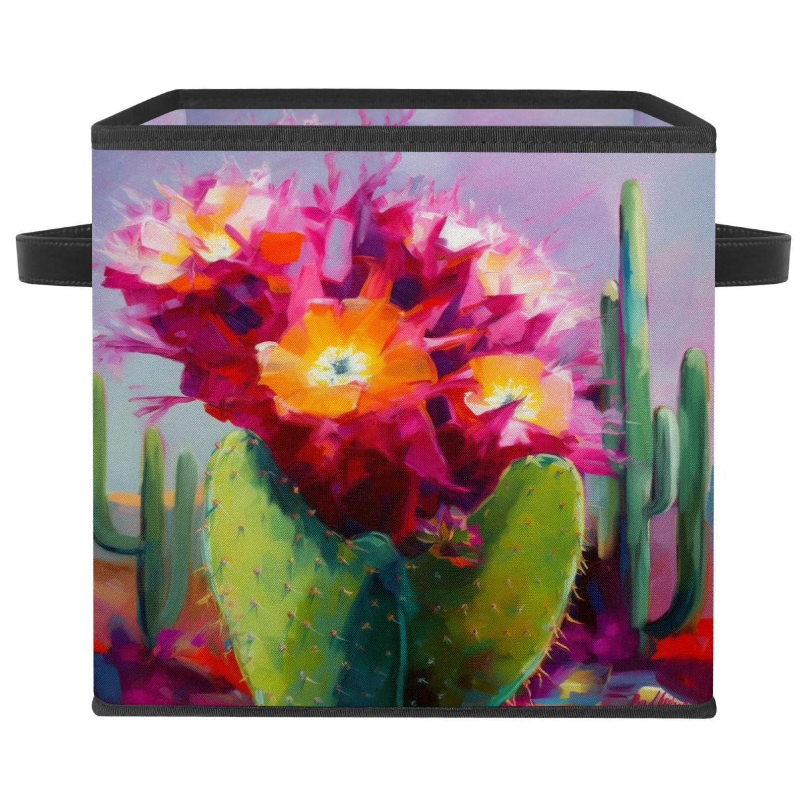 Cube de rangement avec poignées en cuir grand modèle pliable cactus