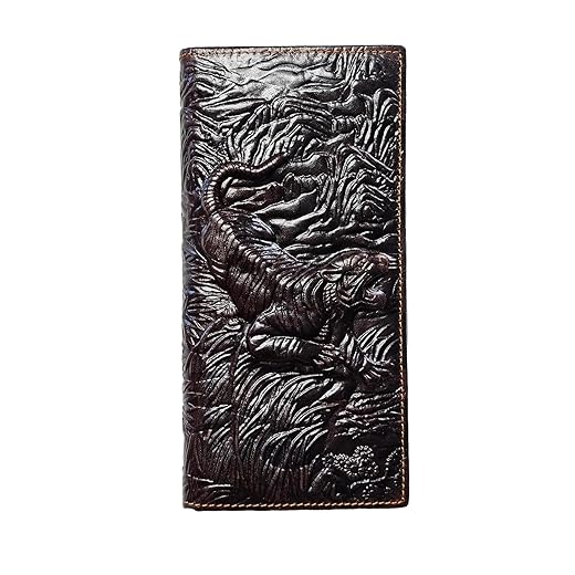 Genuine Leather Bifold Long Wallet for Men, Retro Vintage Embossed Clutch with Zipped Coin purse & Credit card Slots. RFID Blocking. Tiger- Coffee