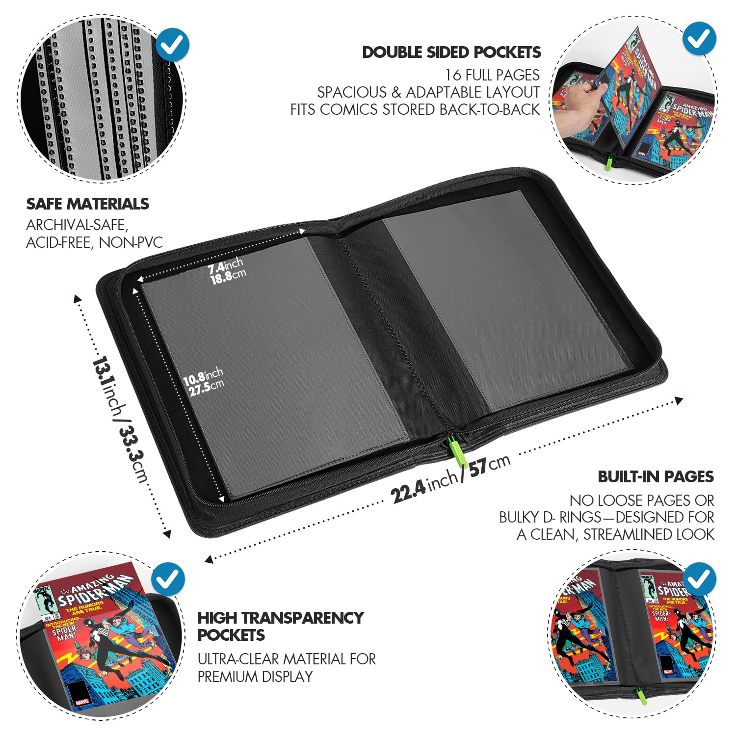 FunGuys Comic Book Storage Binder, 16 Double-Sided Pocket Binder with Plastic Sleeves, Holds 32 Comic Books - Image 3