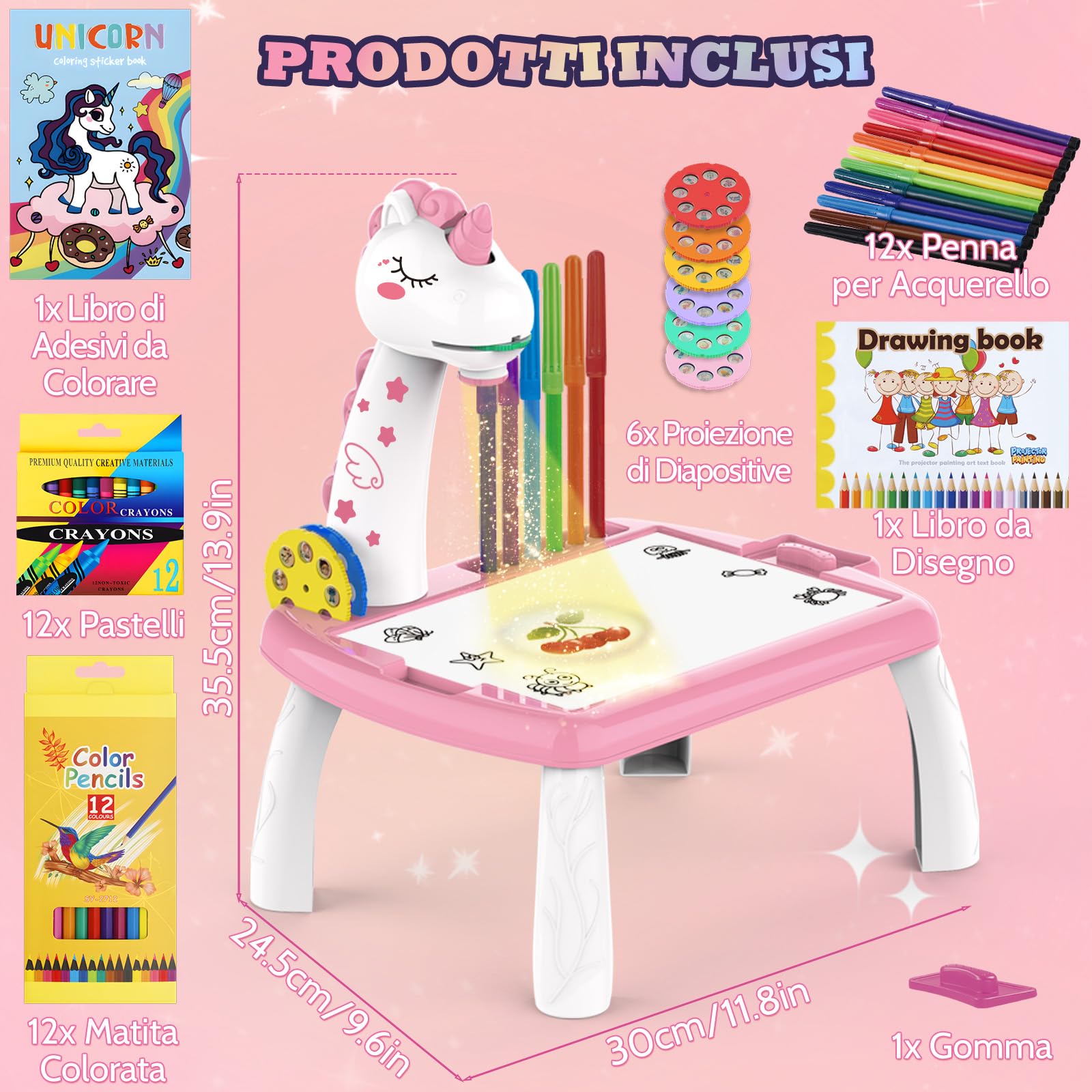BuzzoXerex Proiettore Disegno Bambini, Tavolo da Disegno per Bambini 48 Pezzi Proiettore Colorare Bambino con 48 Motivi, Album da Disegno, Album di Adesivi, Penne Colorate per 3-10 Anni (Rosa)