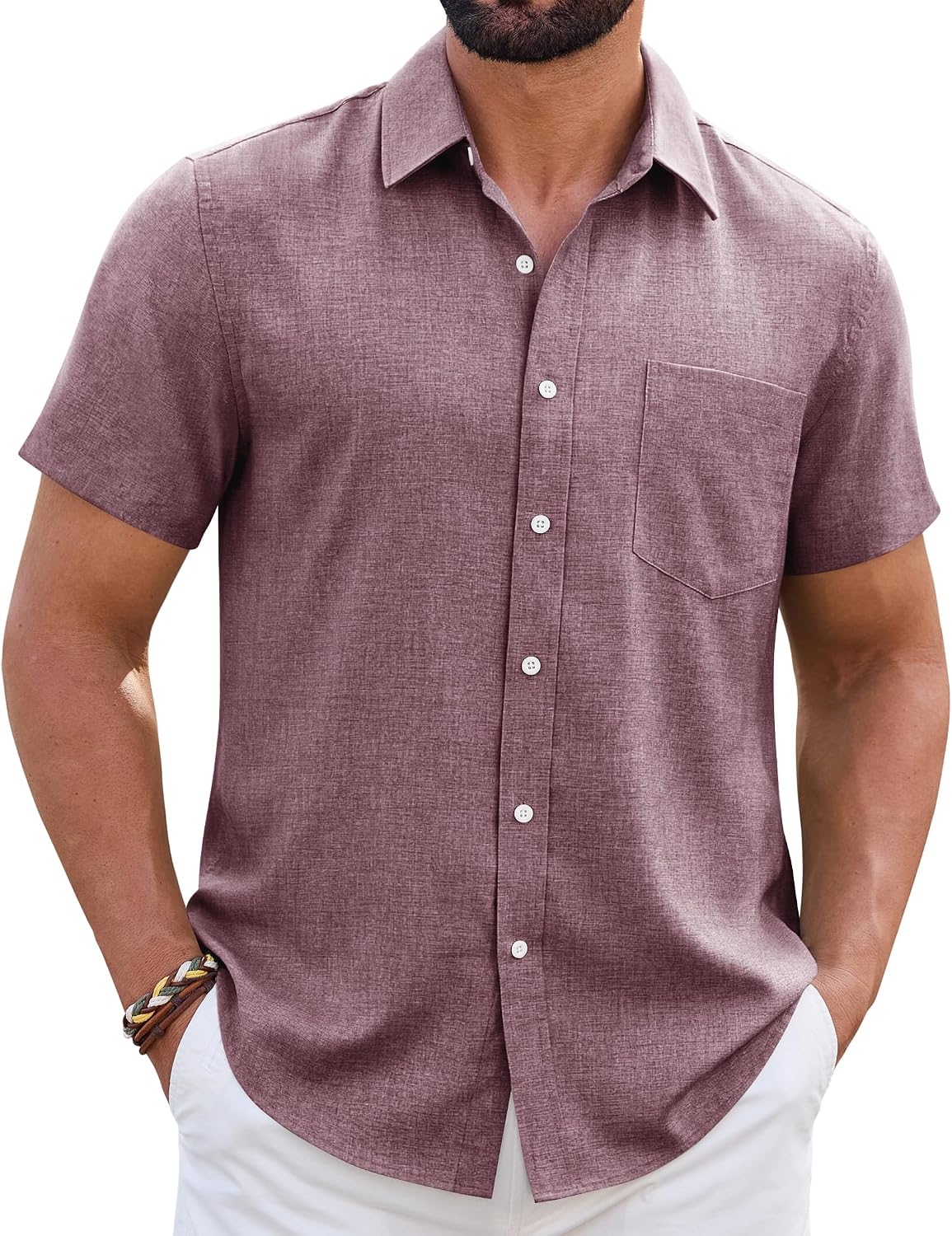 Mens Linen Shirt Short Sleeve Wrinkle Free Casual Untucked Button Down Shirts Beach Breathable Tops Summer