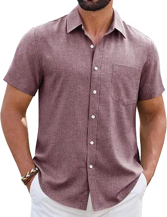 Mens Linen Shirt Short Sleeve Wrinkle Free Casual Untucked Button Down Shirts Beach Breathable Tops Summer