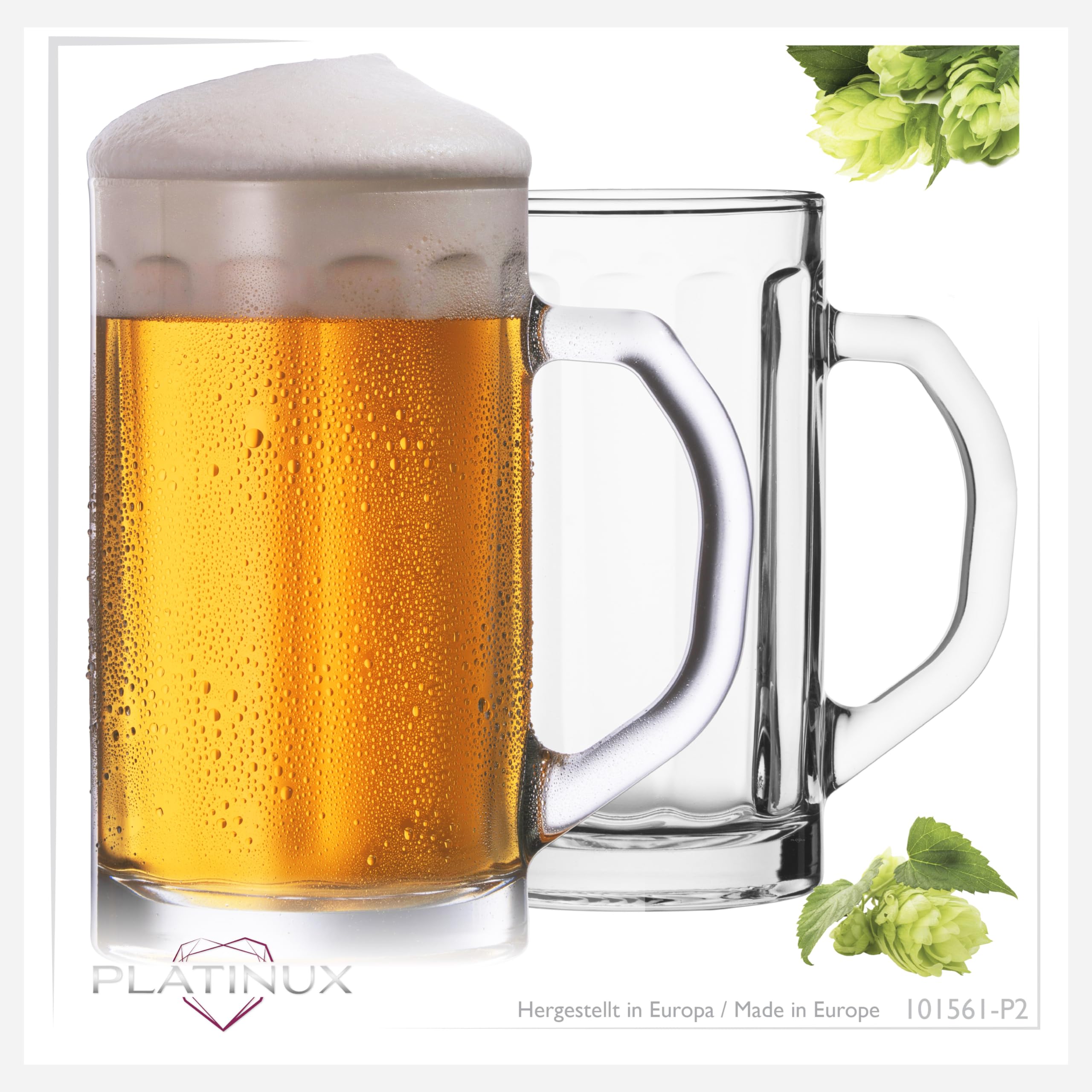 PLATINUX Zestaw 2-częściowy kufel do piwa z uchwytem ze szkła, 500 ml (maks. 650 ml), kufel do piwa o pojemności 0,6 l
