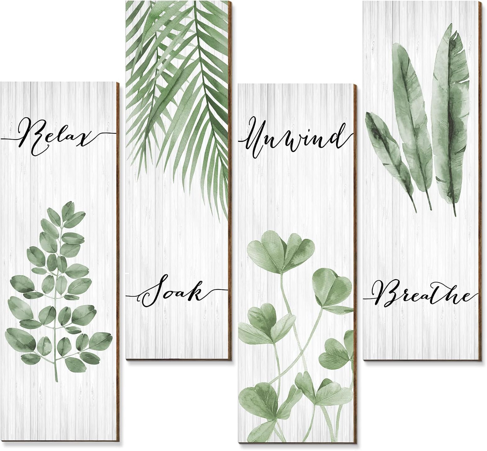 Yookeer Botanical Bathroom Wall Art Decor 4 Pieces Relax Soak Unwind Breathe with Boho Leaf Print Minimalist Sign Wooden Hanging Wall Art Decor for Farmhouse Home Bathroom(11 x 3.5 Inch,Green)