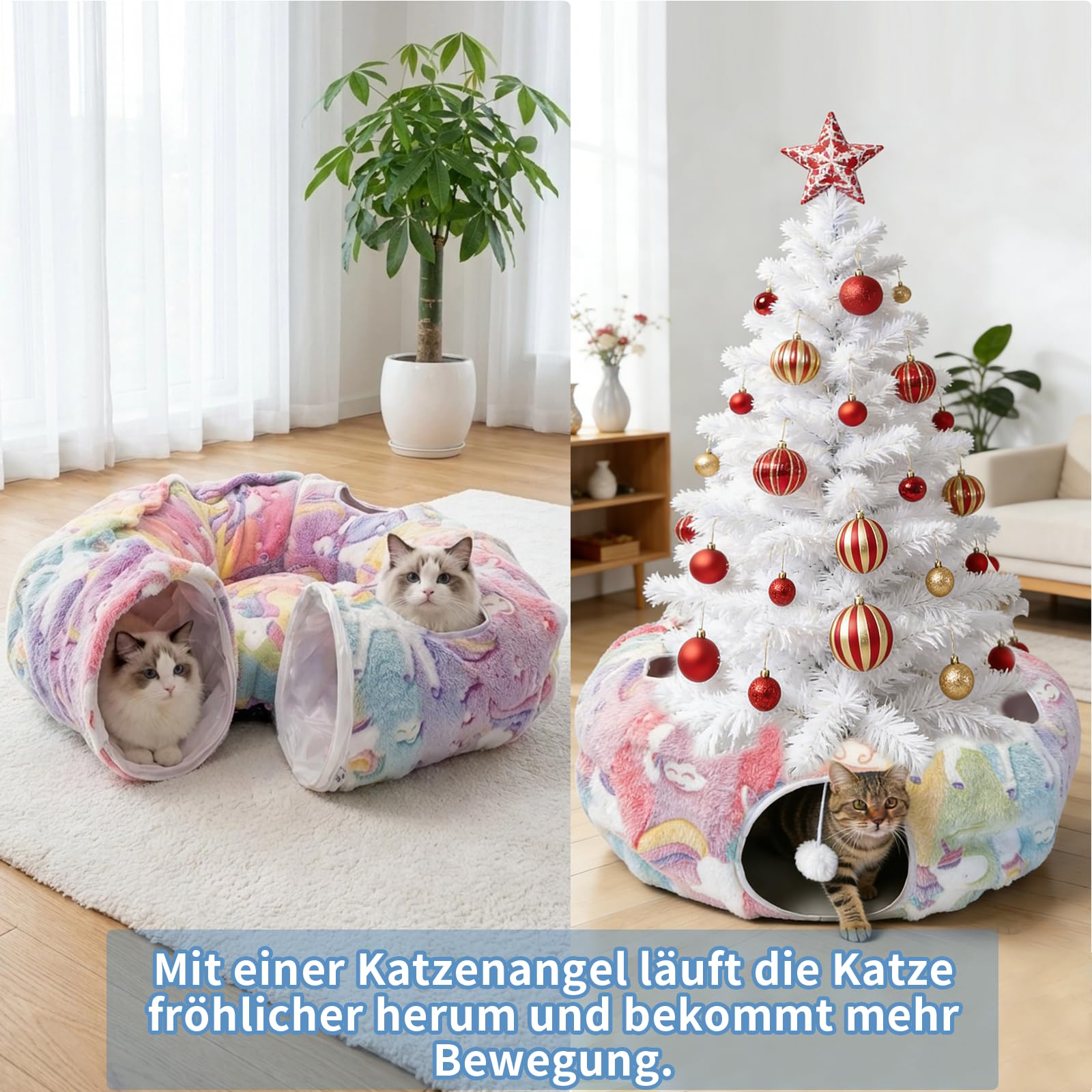 Katzenbett mit Leuchtfunktion, XXL Plüsch Katzentunnel mit Ball, Große Rascheltunnel Katzenhöhle Katzenspielzeug für Katzen Kaninchenoder Welpen