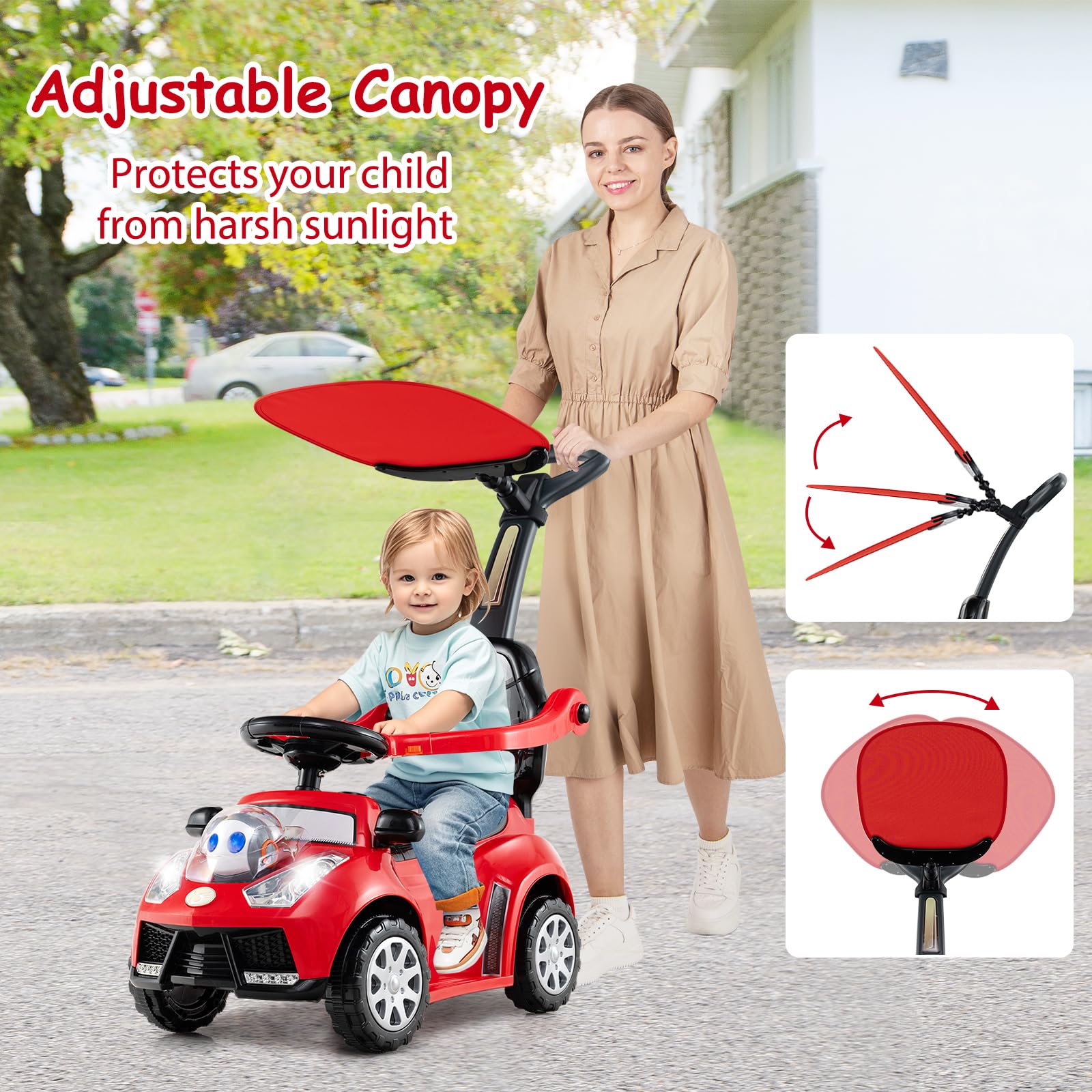 SOARS Macchina Cavalcabile per Bambini 1-3 Anni, Cavalcabile Bambino 3 in 1, Carpot & Maniglia Rimovibili, Guida Realistica con Volante, Clacson, Musica, Carico 25 KG, Regalo Ragazza Ragazzo (Rosso)