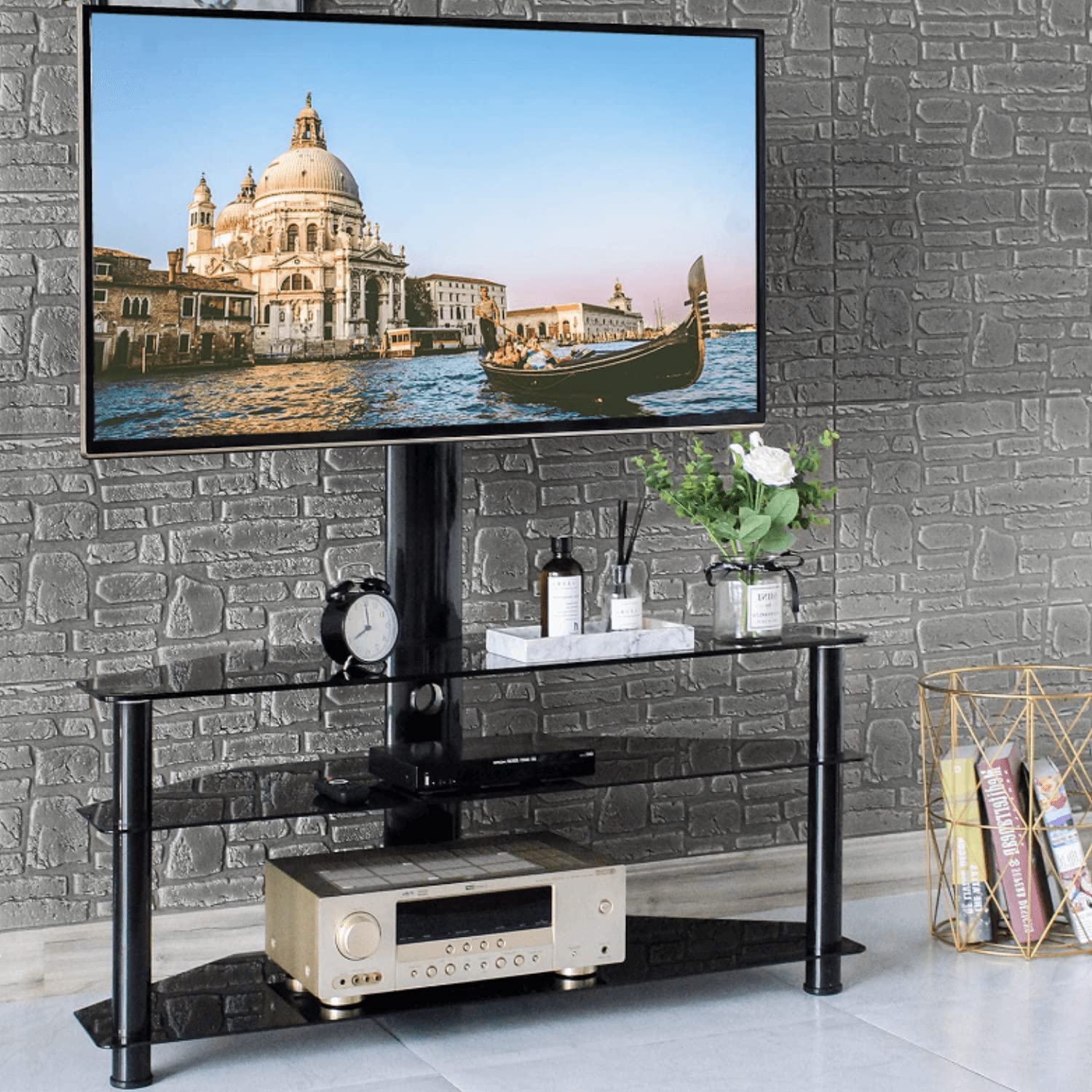 3 Tier Swivel Floor Corner TV Stand, Height Adjustable Television Stands for 32 37 42 47 50 55 65 inch Plasma LCD LED Flat &Curved Screen Television w/Metal Frame Swivel Mount &Tempered Glass Shelves