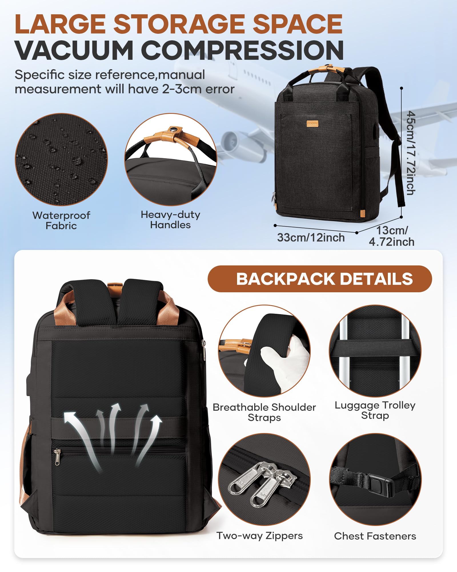 SZLX Sac à Dos Sous Vide Bagage à Main Pour Femmes, Sac à Dos Airbag Avec Système De Vide Pour Le Voyage, Ryanair Travel Ruscksack Taille Cabine Avec Pompe étanche Valise Sous Vide Pour Homme