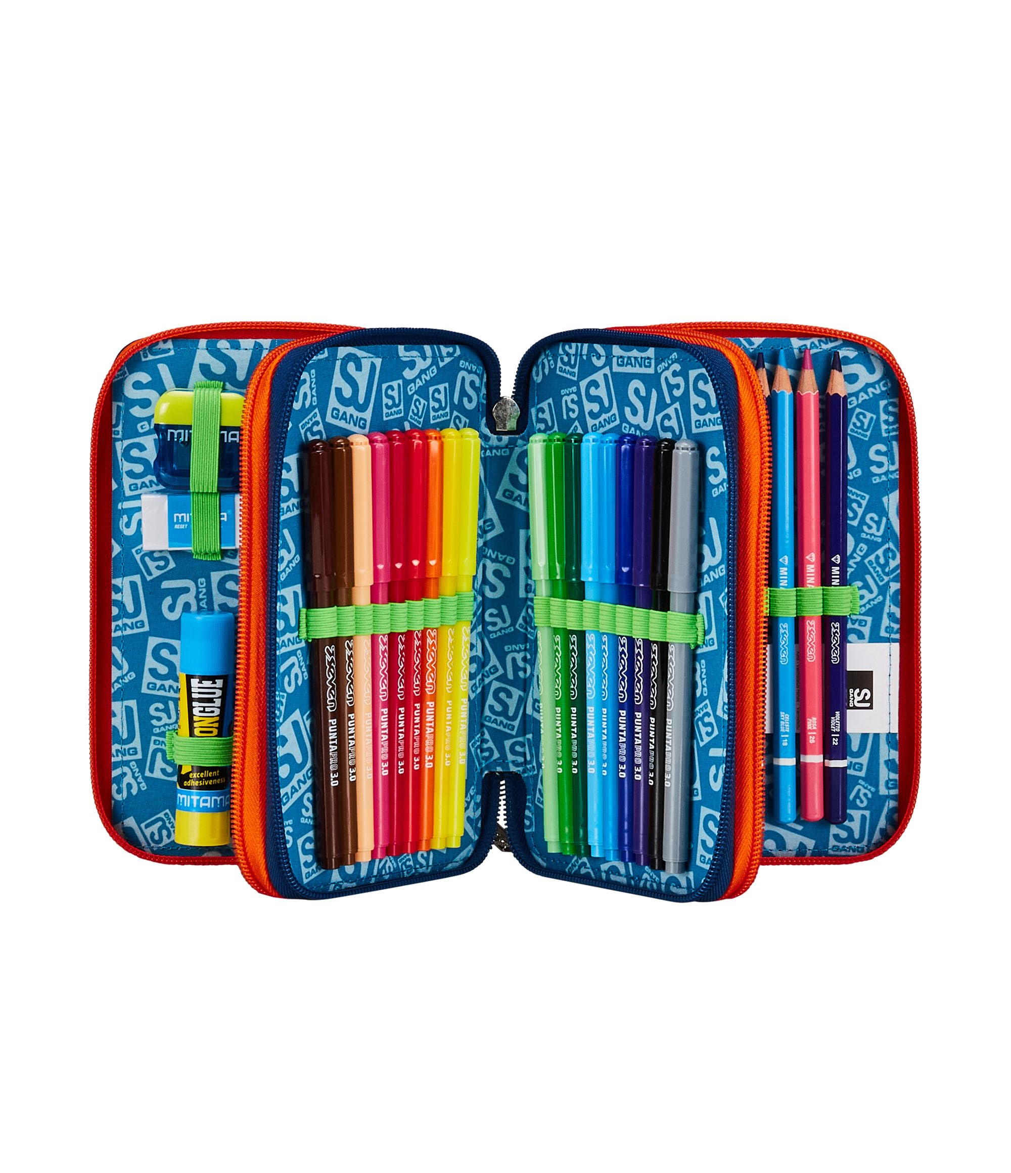 SJ GANG STYLE JAM GANG Astuccio Scuola 3 Zip, Blu, Spaceship Trip, Portapenne Triplo Scomparto Completo Di Penne, Matite, Colori, Accessori Zaino, Elementari, Medie, Bambino