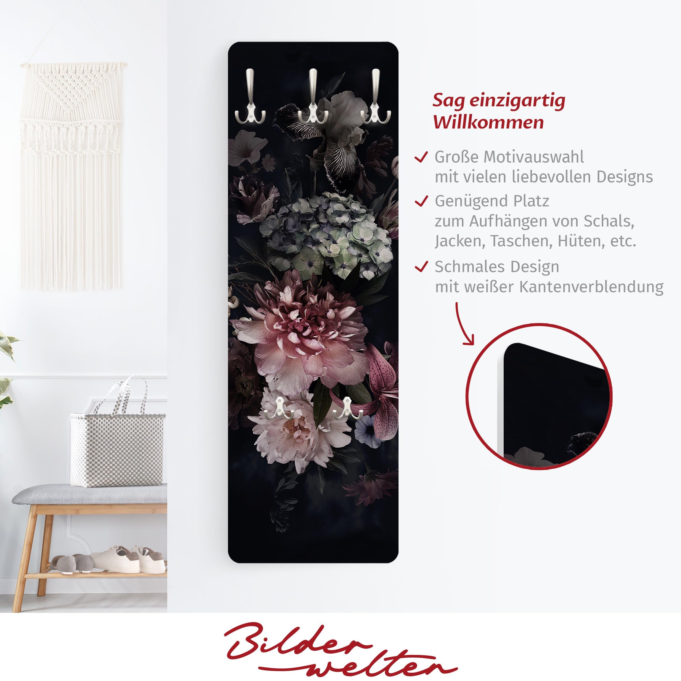 Bilderwelten Garderobe Blumen 105cm x 34cm 3D-Optik Modern Natur Garderobenhaken Garderobenpaneel Flurgarderobe Flur-Möbel Wandgarderobe Holz Küche