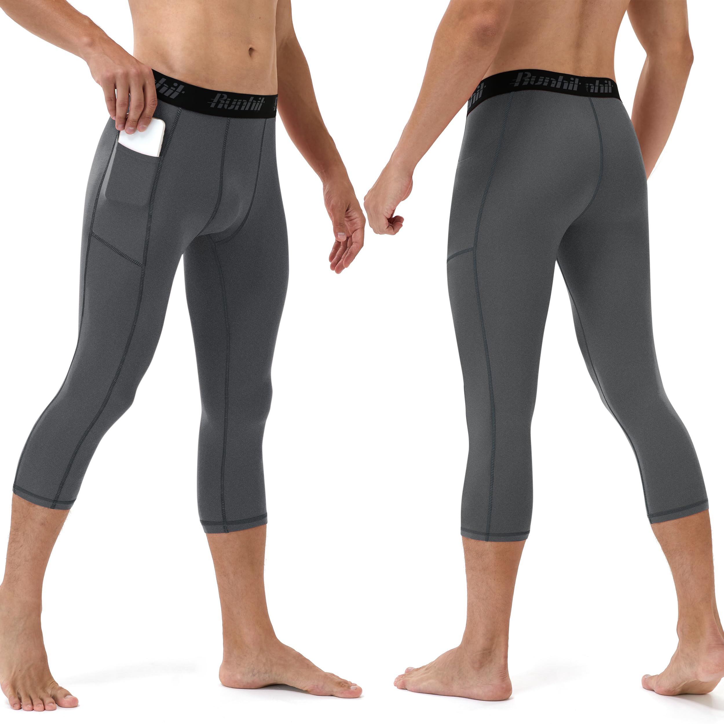 Runhit Pantalones de compresión 3/4 para hombre con bolsillos, leggings atléticos para correr, entrenamiento, baloncesto, gimnasio, capa base