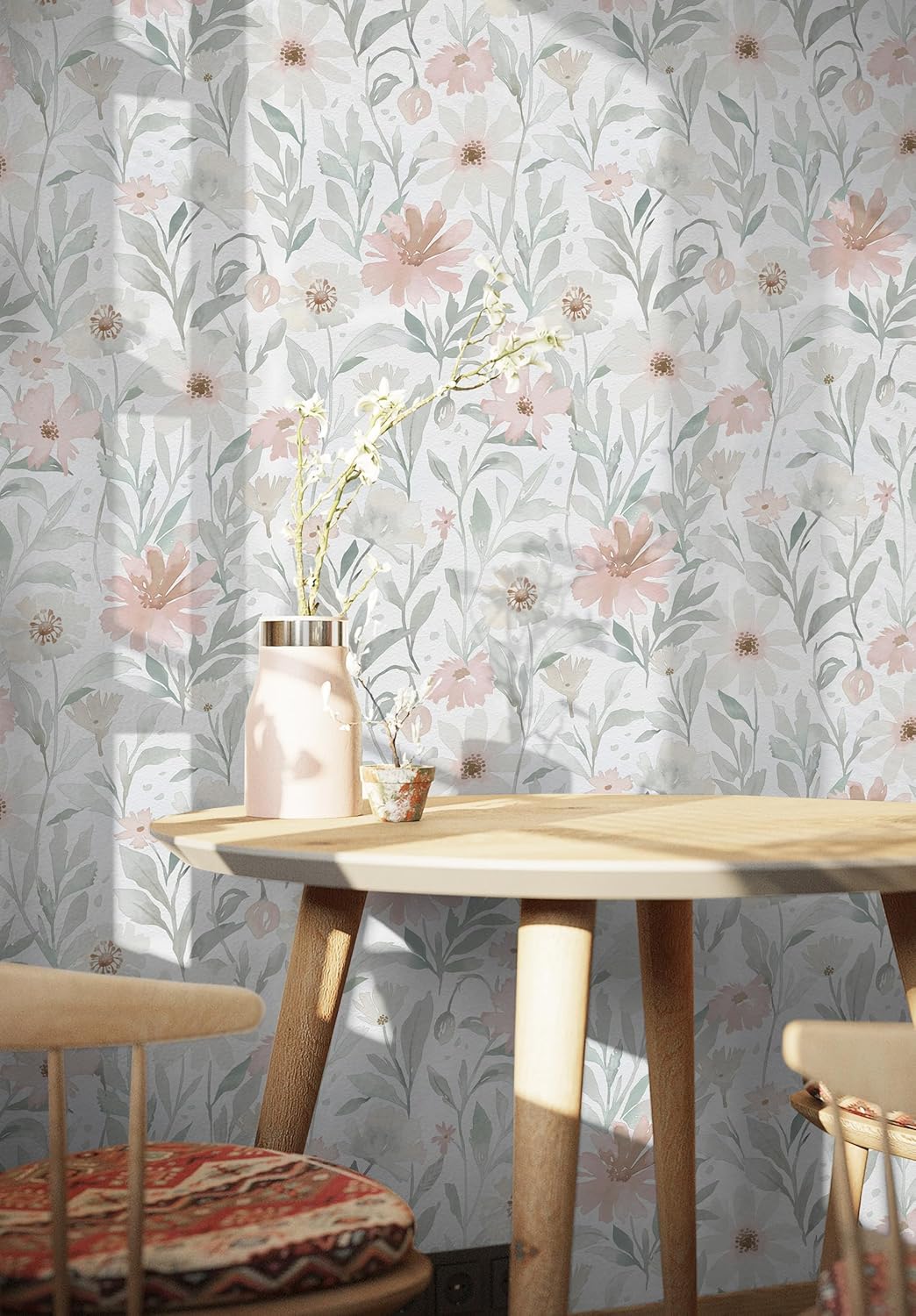 CiCiwind 17.3" × 197" Pink Floral Wallpaper for Bedroom Bathroom Wall Paper Waterproof Removable Self Adhesive Green Leaves Peel and Stick Farm Contact Paper Eco-Friendly Papel Tapiz para Pared