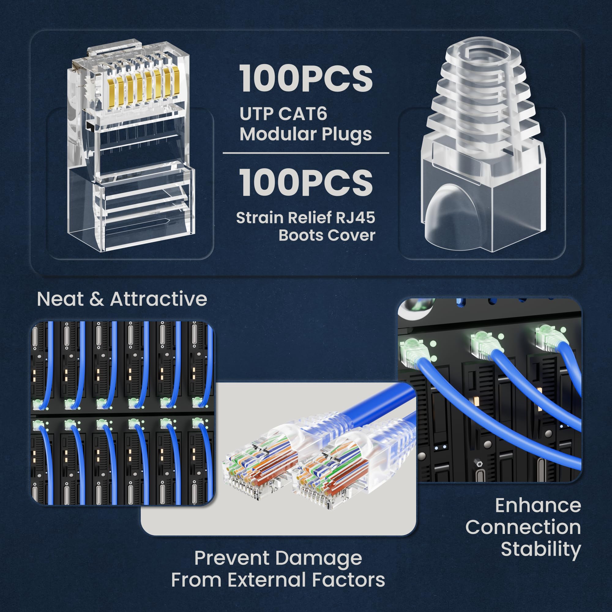 CableGeeker Lot de 100 + 100 connecteurs RJ45 – 100 prises Cat6 et 100 embouts anti-traction (transparents), fiches à sertir Ethernet standard, extrémités plaquées or pour câble Ethernet Cat5/Cat5e