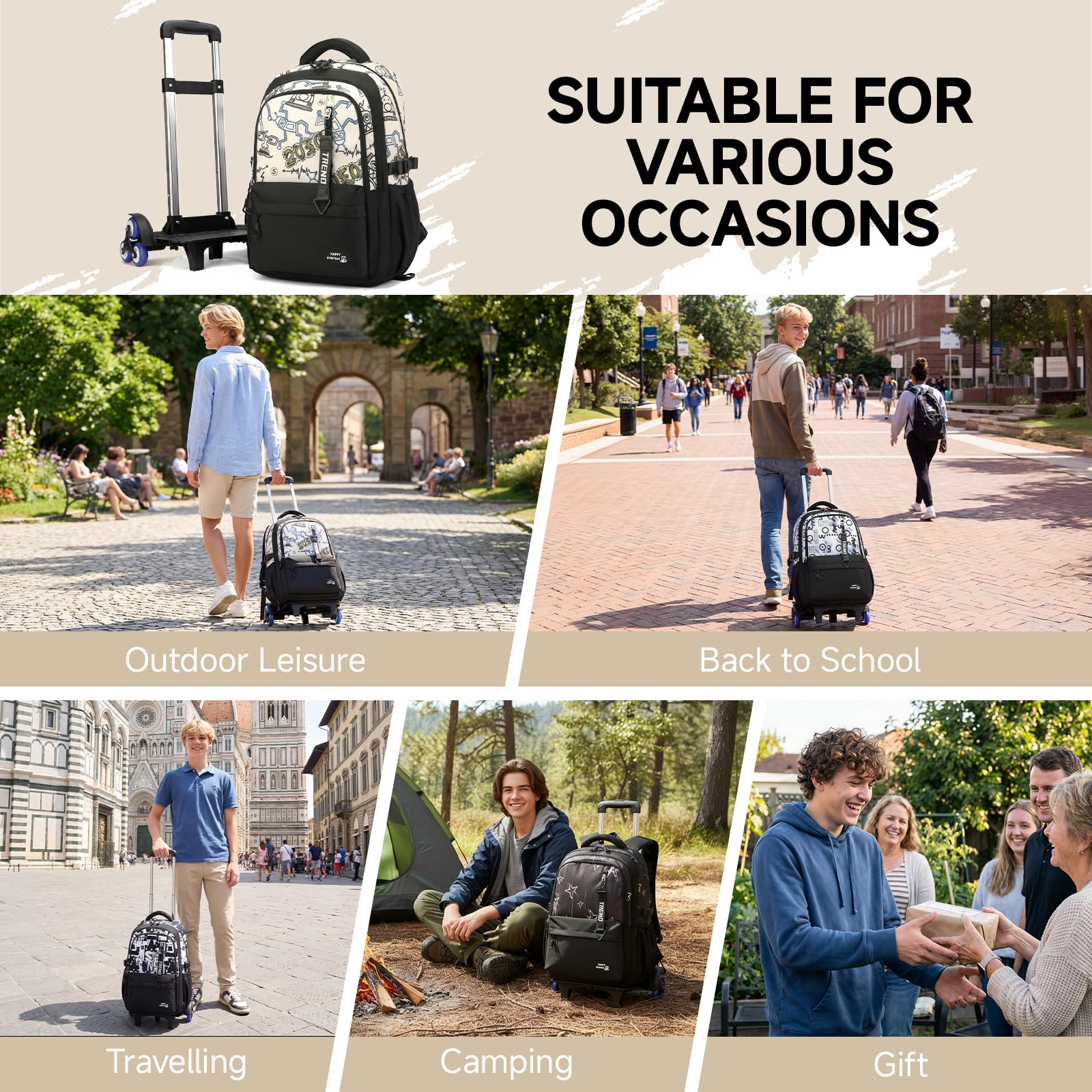 Amythe Cartable à Roulettes Ado Garçon 10-24 Ans – Sac à Dos Trolley 6 Roues pour Collège Lycée – Grand Sac de Voyage pour Ordinateur 15.6 Pouces – Rentrée Scolaire, Noël