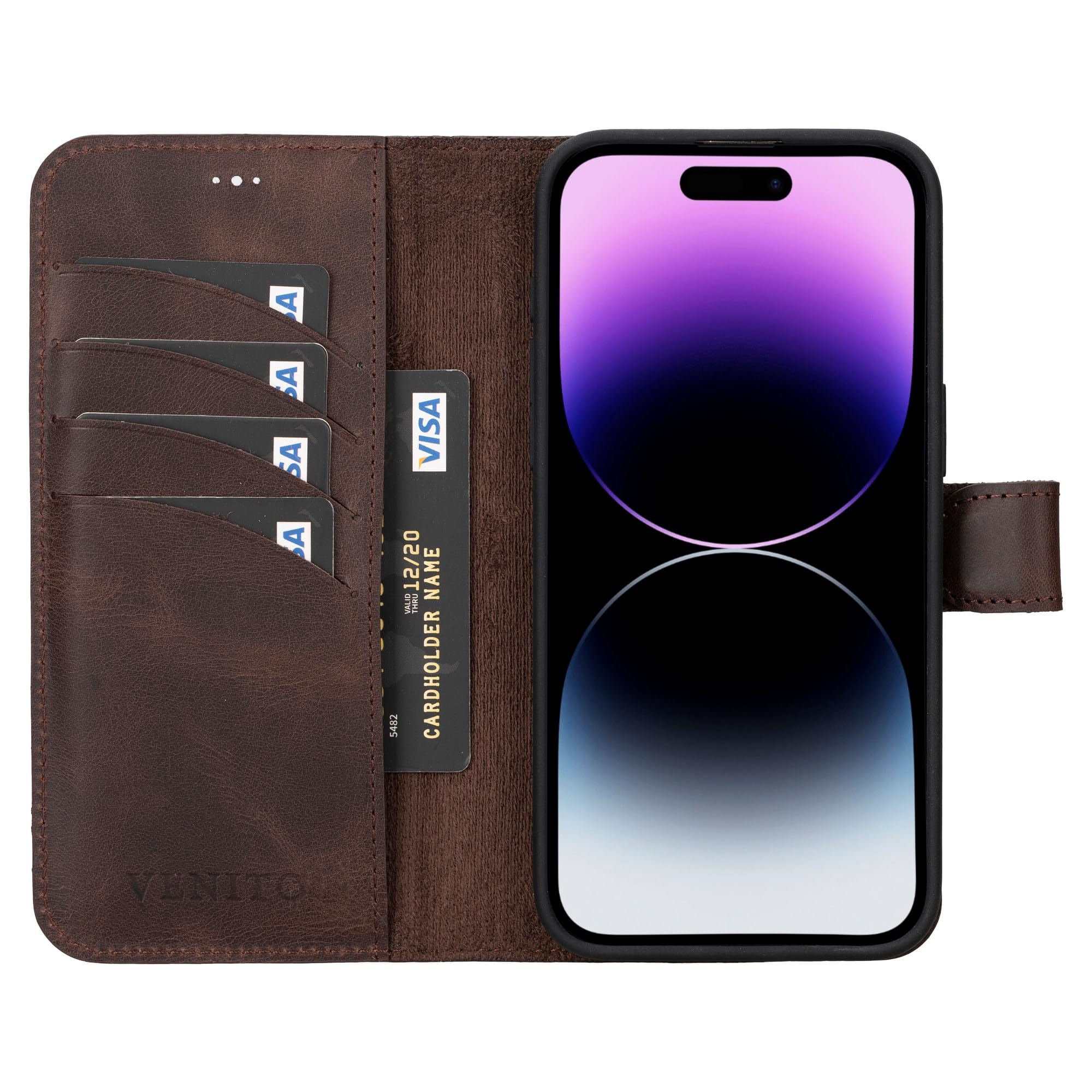 Venito Ravenna – Étui portefeuille fin en cuir magique compatible avec iPhone 15 Pro Max, coque de téléphone amovible (marron café)
