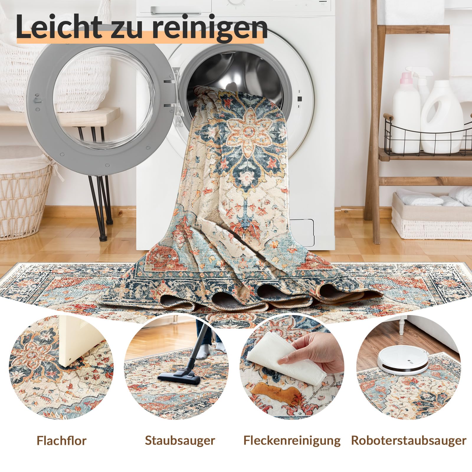 INOVADAY Vintage Waschbarer Teppich Wohnzimmer 90x150 cm Boho Kurzflor rutschfest Teppich Weich Teppiche mit Druckmuster für Schlafzimmer, Esszimmer, Büro Beige/Blau/Orange