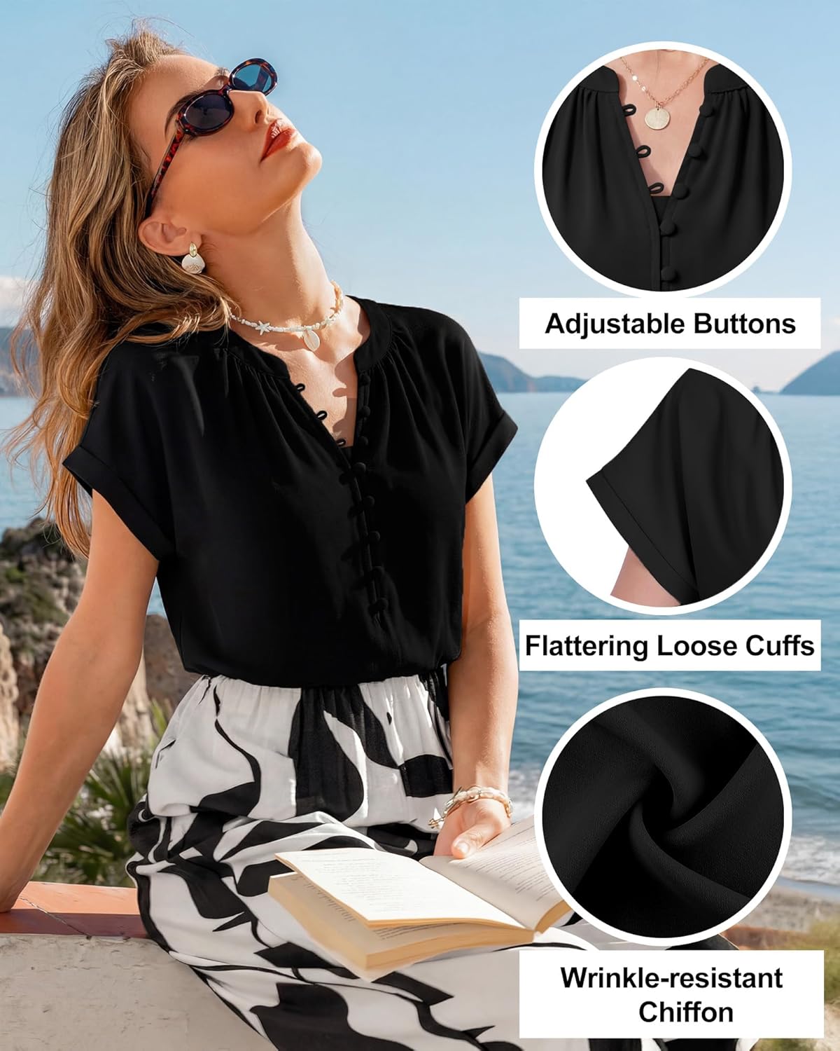 Timeson Women's Short Sleeve Tops Dressy Casual Button Down Chiffon Blouses Office Work Shirts - Image 6