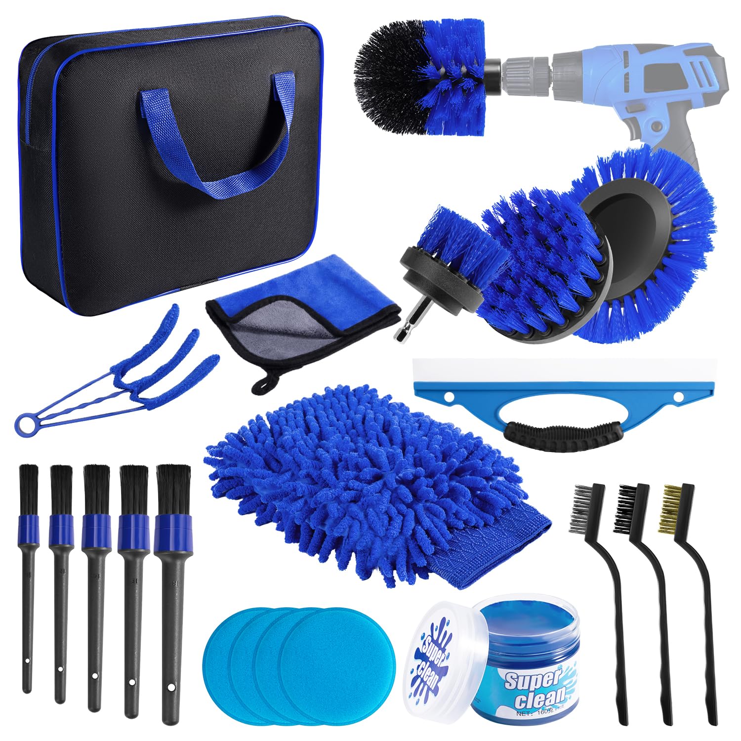 Kit Pulizia Auto 22 Pezzi – Spazzole Per Trapano, Pennelli Detailing, Panno Microfibra E Gel Pulente – Per Interni, Cerchioni E Vetri