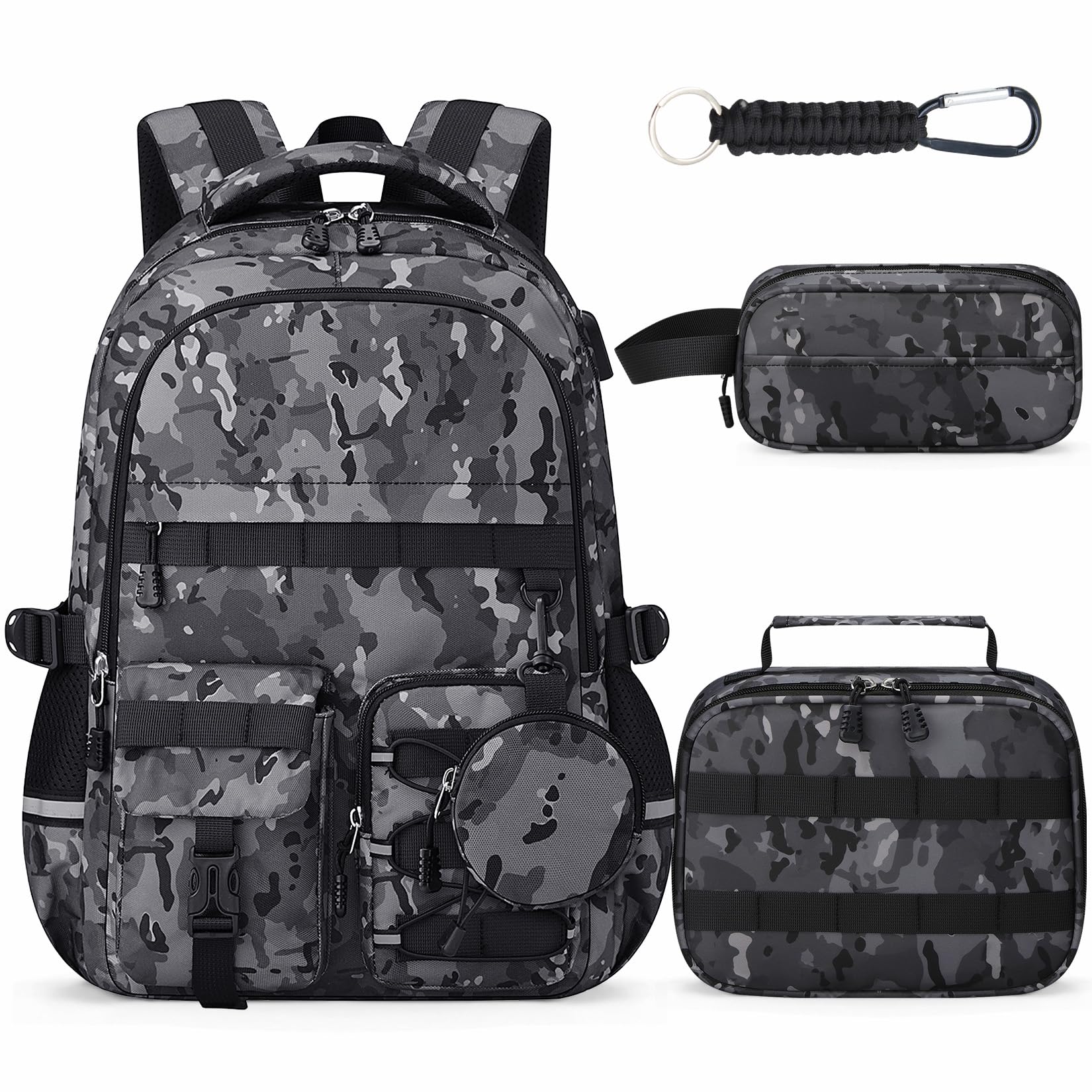 ZHIMEBYE School Backpack for Boys - 5pcs Camo Boys Backpack with Lunch Box Set for Kids Teens Elementary Middle High School,18″ Large Capacity