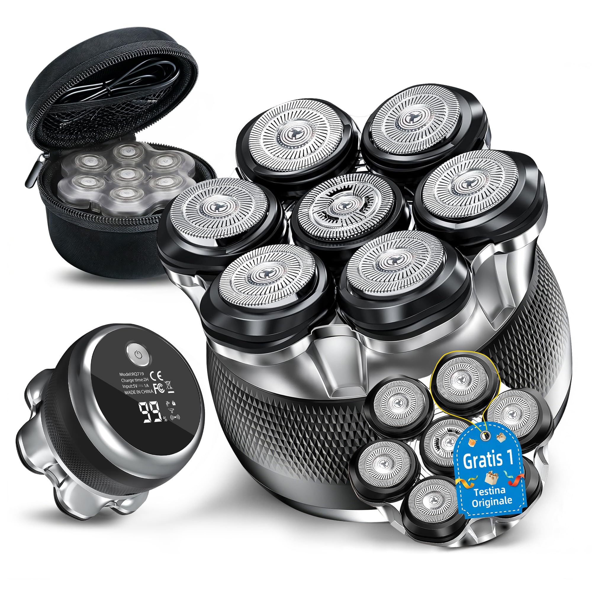 ICARE 7D Rasoio Testa Calva – 1200mAh Rasoio Elettrico Capelli con Shaver Capelli – Head Shaver Impermeabile IPX6 – 120 Minuti Doppia Velocità – Incl. 2 testine originali – Rasa Capelli Uomo a Zero
