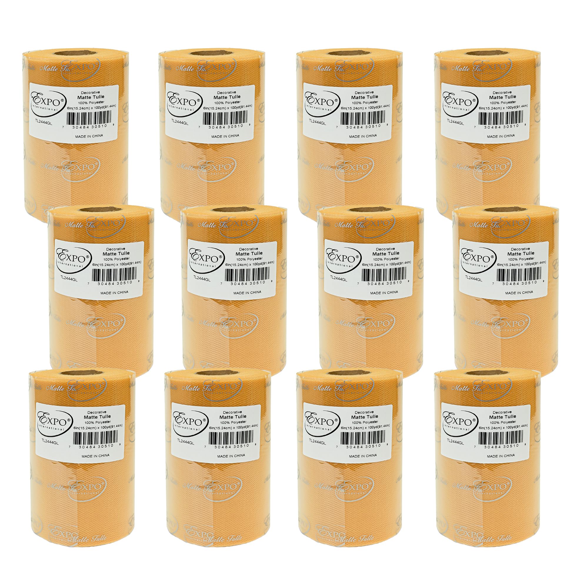 Expo International Decorative Matte Tulle, Roll/Spool of 6” X 100 Yards, Lightweight Polyester Tulle Fabric for Tutus, Costumes, and Party Decorations, Washable, Easy-to-Use, Pack of 12, Gold