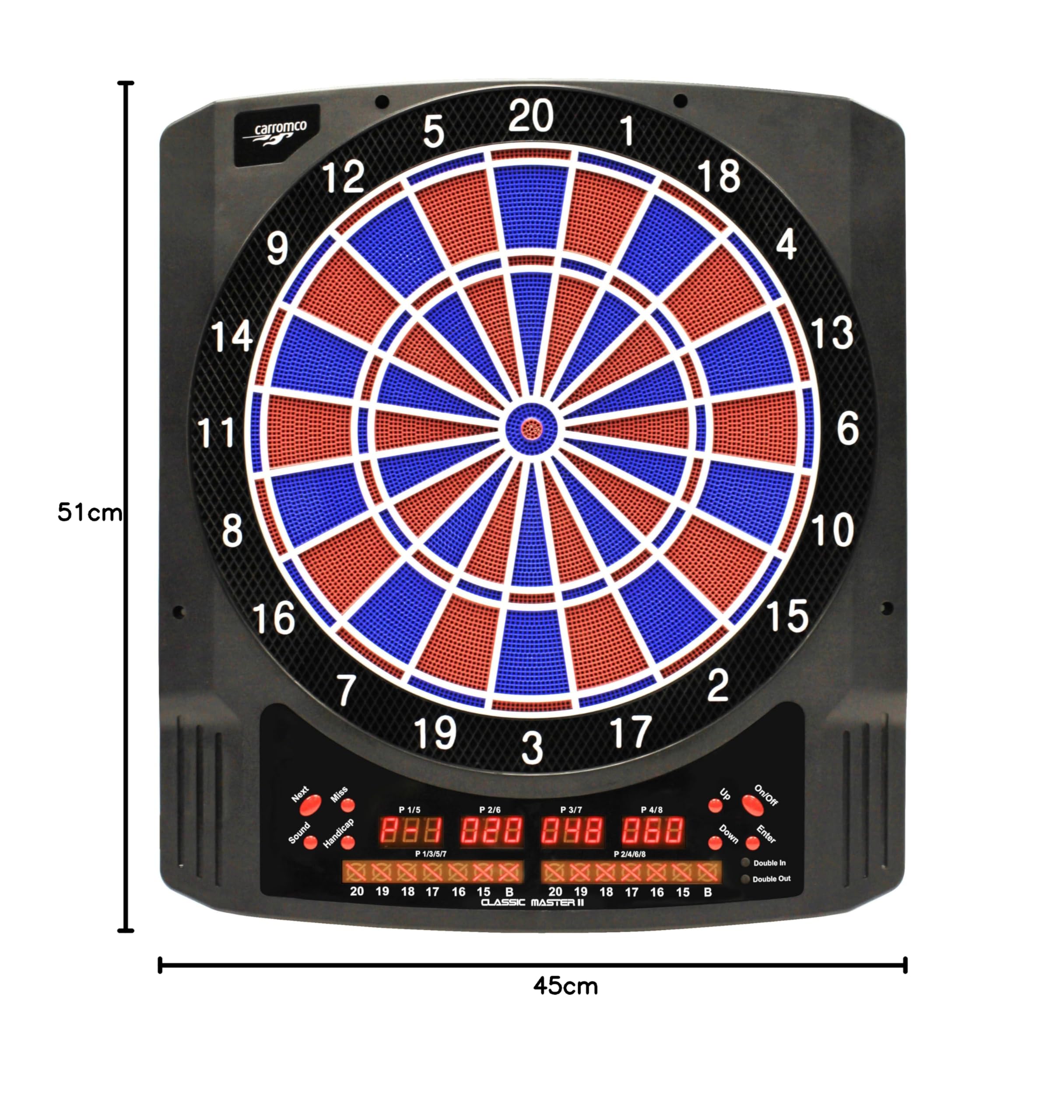 Carromco Bersaglio Freccette Elettronico - Classic Master II - Freccette con Punta in Plastica, 36 Giochi e 585 Varianti, Cricket, 6 Display LED, per 1-8 Giocatori