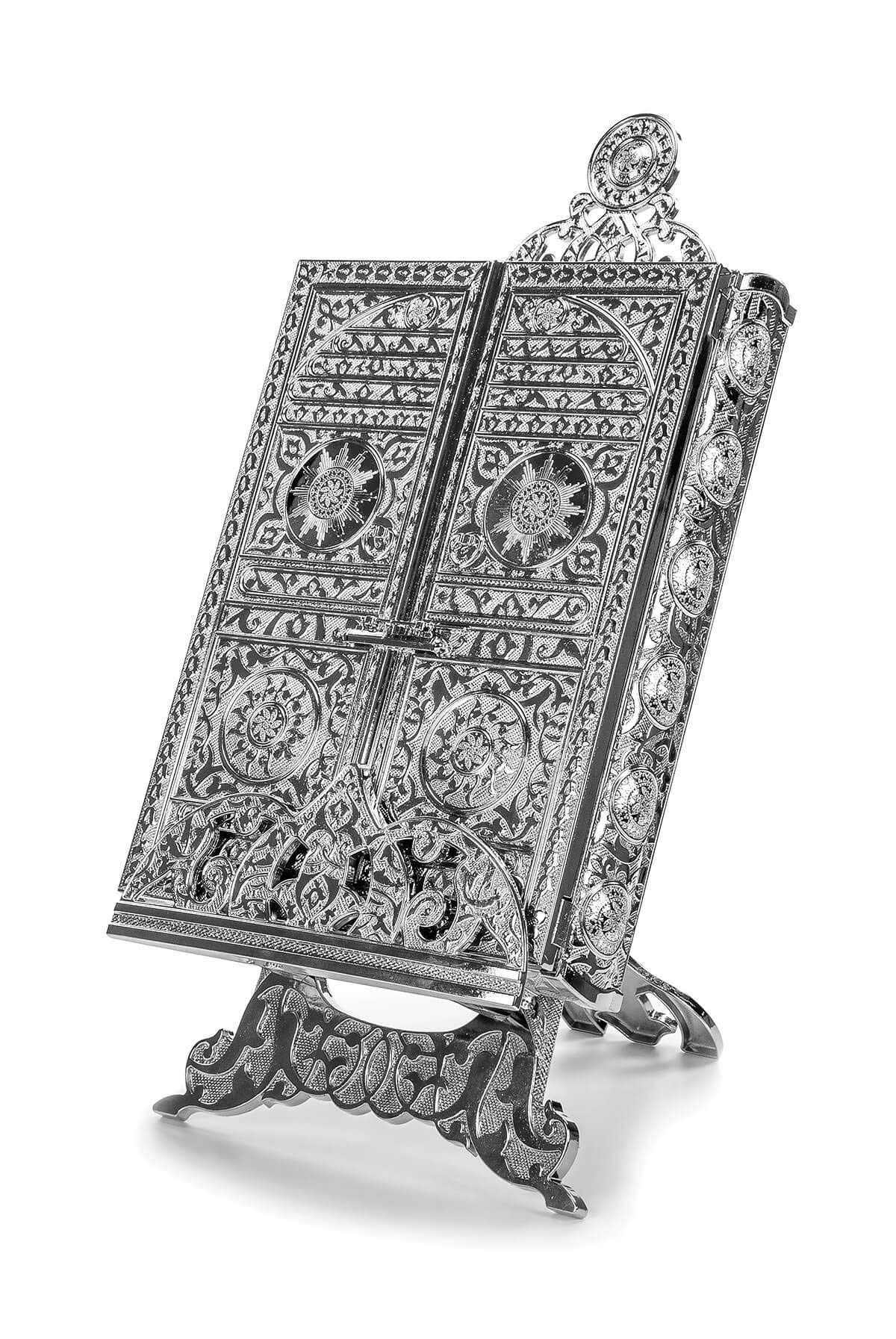 Islamskie metalowe pudełko Koranowe ze stojakiem, motyw drzwi Kaaba, islamskie dekoracje do domu, muzułmańskie dekoracje domu i stołu, idealne prezenty muzułmańskie, kolor: Srebro