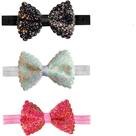 ANNA CREATIONS Premium Glitter Soft Bow Multicolor Good Elastic Headband Hair Accessory for Baby Girls and Kids (Set Of 3) (Multicolor (3 Pcs), Large)