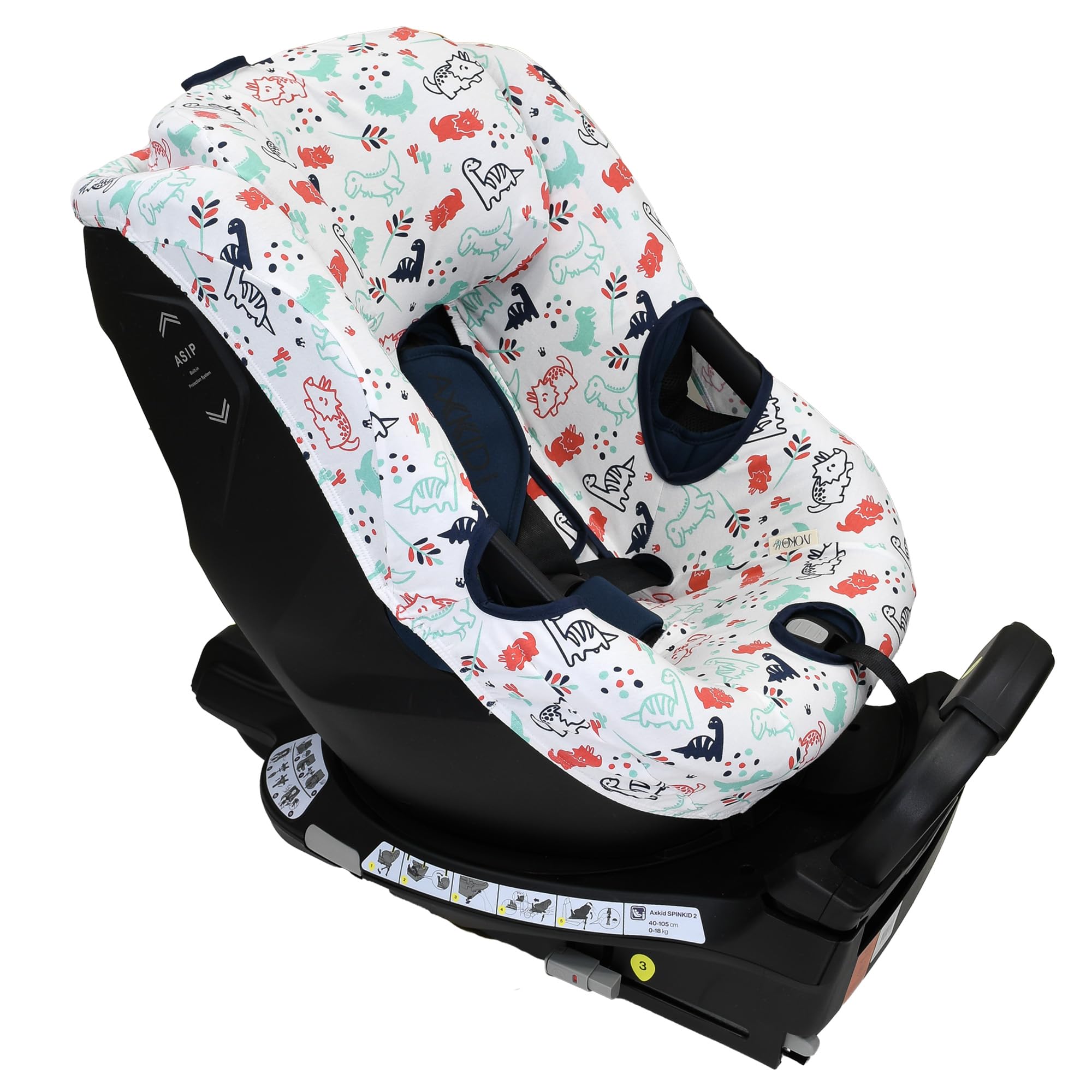 JYOKO Funda para Silla de Coche Compatible con Axkid Spinkid 2, Hecha con algodón orgánico, Transpirable para máximo Confort de tu bebé, Protege el tapizado Original (Dino Party)