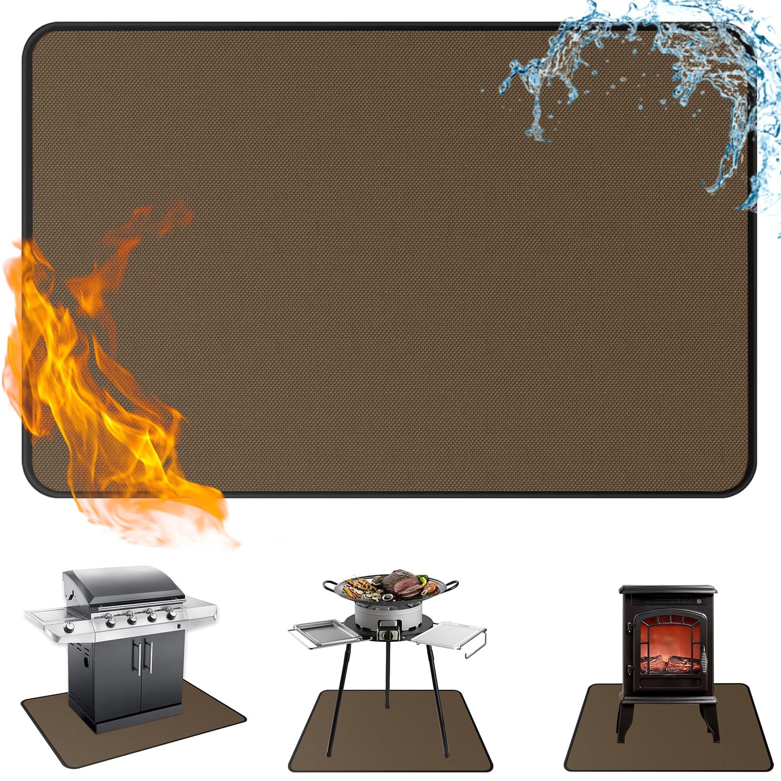 Anze Under Grill Mat for Outdoor Grill, 36x48 Inch Anti-Slip BBQ Floor Mats, Easy to Clean Reusable Double-Sided Fireproof Grill Pad, Oil-Proof Waterproof Protector for Indoor Fireplace Pit Mat Brown