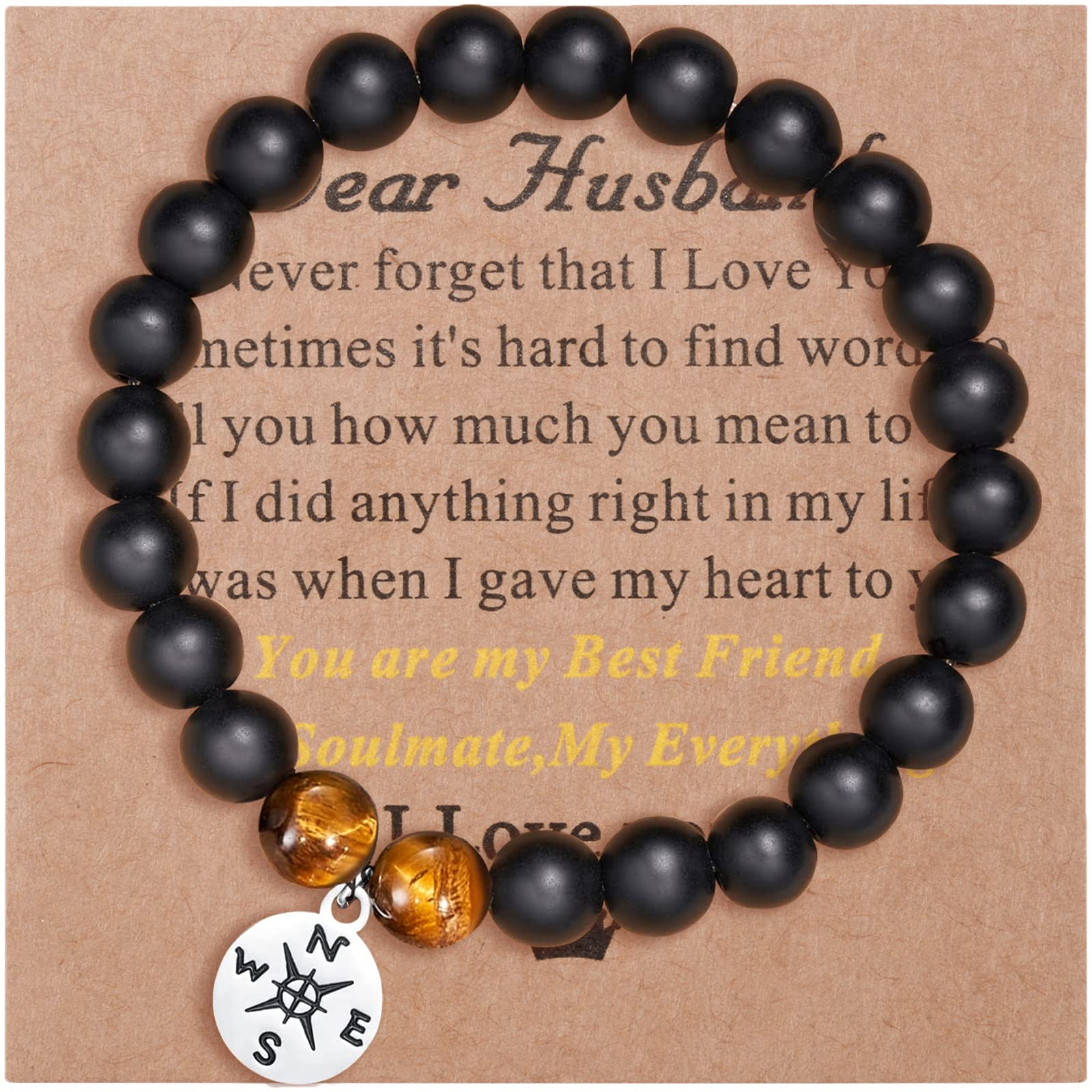 YELUWA Bracciale Con Bussola in Onice Nero E Pietra Occhio Di Tigre Regali Per Uomo Ragazzo, Bracciale Fidanzato Regali Per Fidanzato Compleanno Laurea Festa Del Papà Regali Per Lui Da Fidanzata