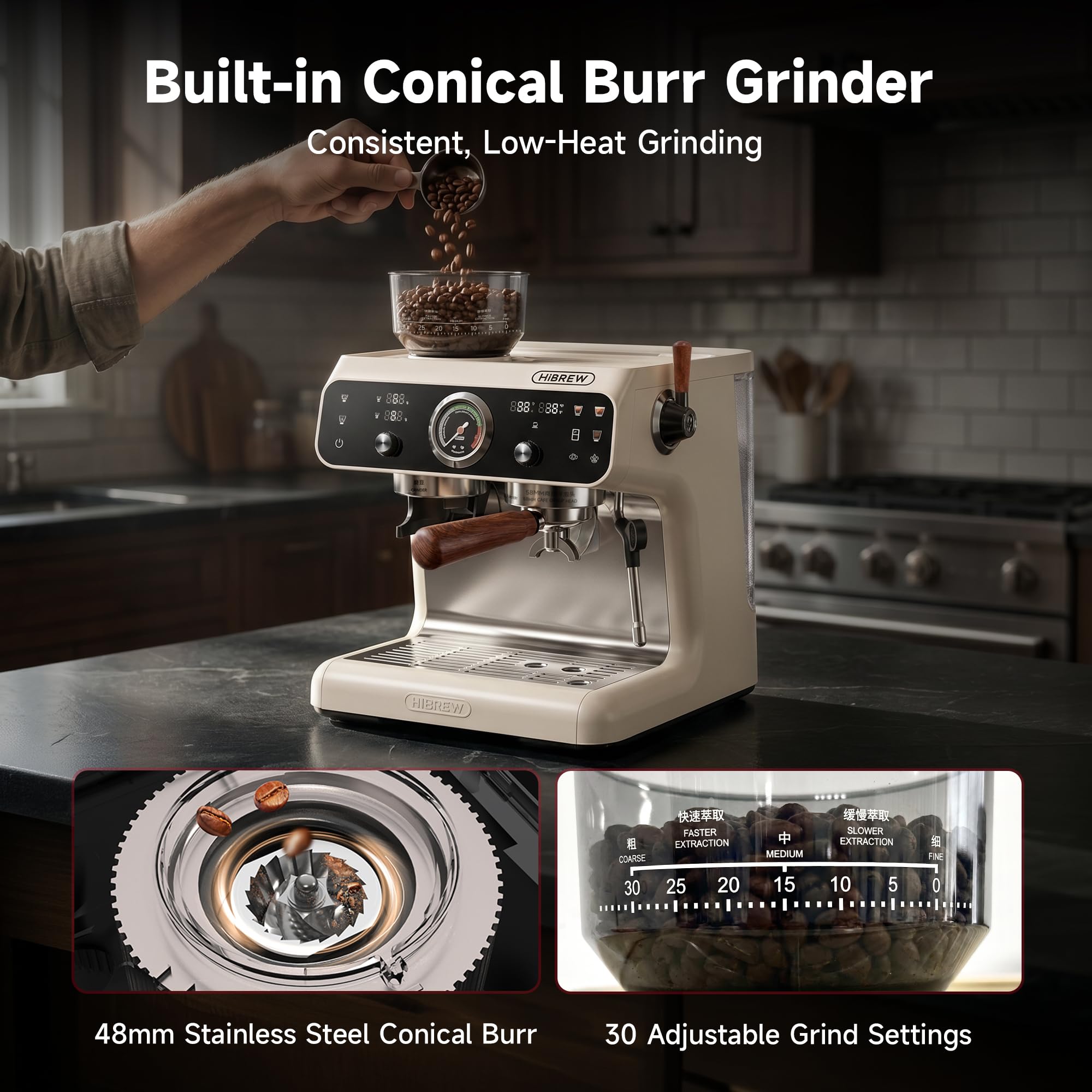 Hibrew H7B Espresso Machine with Built-in Grinder, 30-Position Conical Burr, Dual Heating System, PID Control, 58 mm Portafilter, 2800 W Steam Wand, 2,8 L Water Tank – Semi-Automatic Coffee Maker for