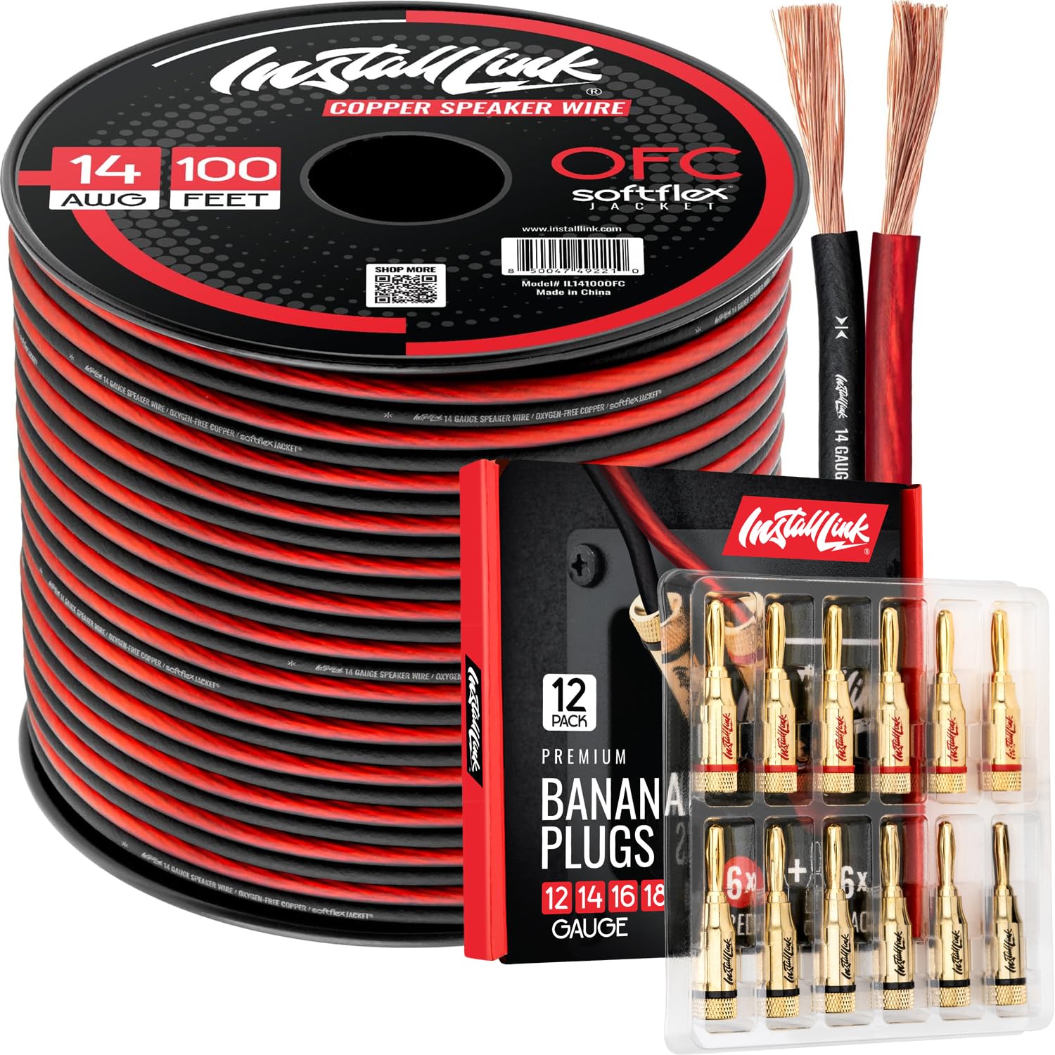Install Link 14 AWG Gauge Speaker Wire, 100 Feet (OFC) + 12 Banana Plugs