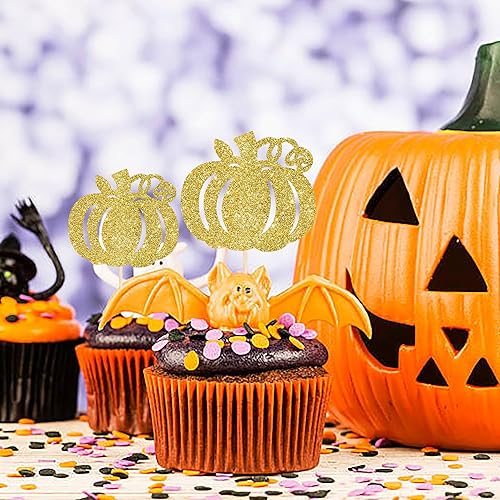 Miniatura 7 de Rsstarxi Paquete de 24 adornos de calabaza para cupcakes con purpurina con temática de calabaza, cosecha de otoño, para cupcakes, calabaza, baby