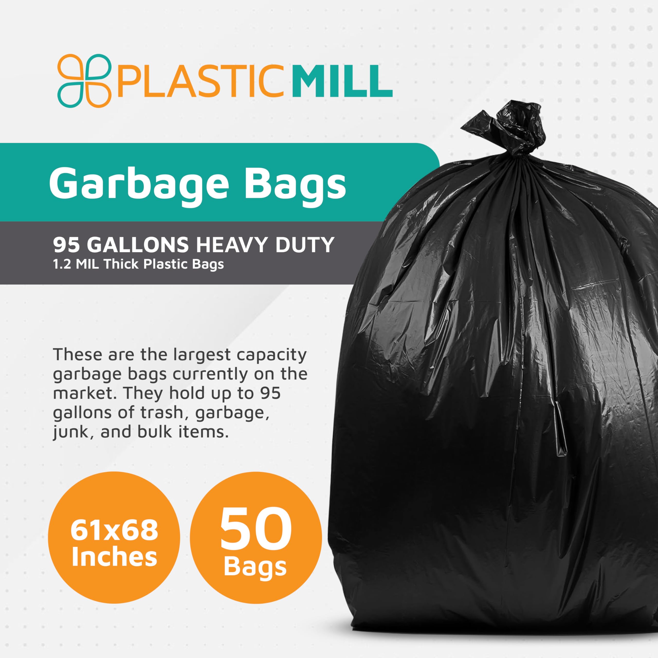 PlasticMill 95 galones 61X68, 50 Bolsas/Casos, Bolsas de Basura/Bote de Basura revestimientos. 1.2 Mil Negro