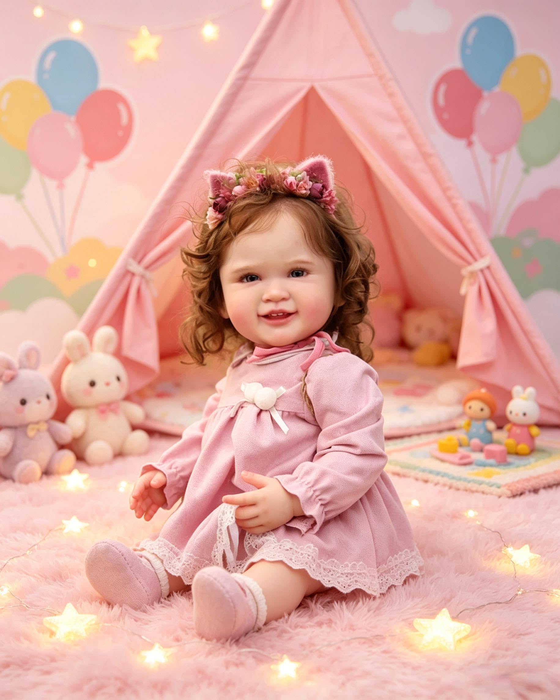 RXDOLL 28 Zoll Süßes Lächeln Lebensechte Reborn Baby Puppen, Realistische Reborn Babymädchen Weicher Stoffkörper, Lebensechte Kleinkind Puppen mit Verwurzeltem Haar als Geschenk für Kinder
