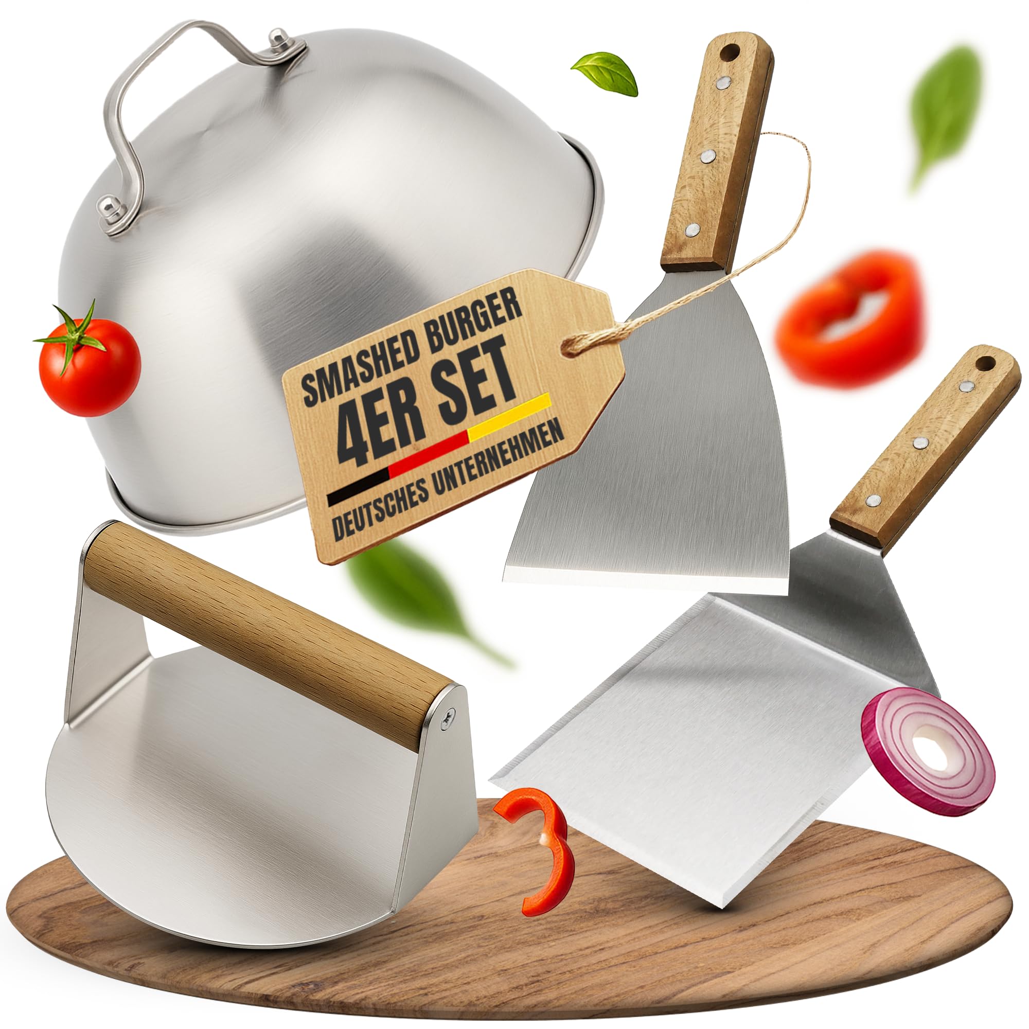 Smash Burger Set – 4-teiliges Burger Set aus Edelstahl & edlen Holzgriffen – inkl. Burgerglocke für extra Aroma - Plancha Zubehör für Smash Burger – Burger Presse, Spachtel, Wender & Glocke